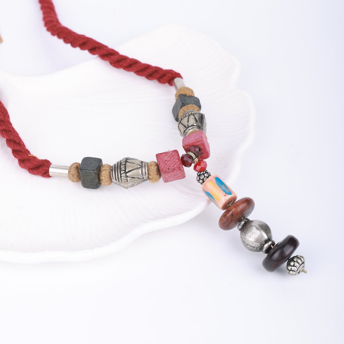 Maroon Dori Necklace with German Silver & Wooden Beads