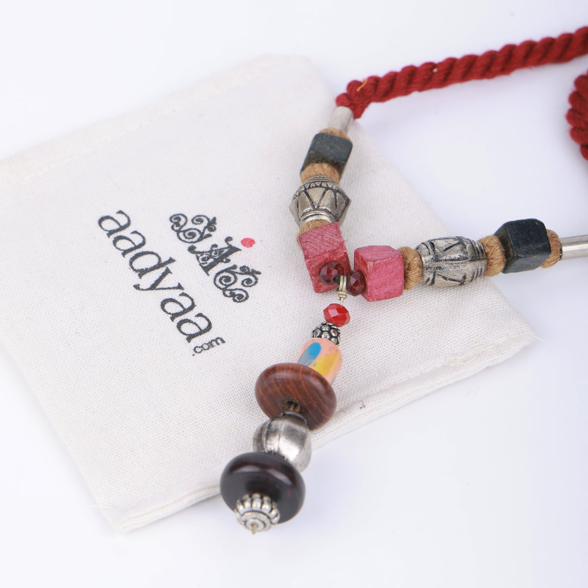 Maroon Dori Necklace with German Silver & Wooden Beads