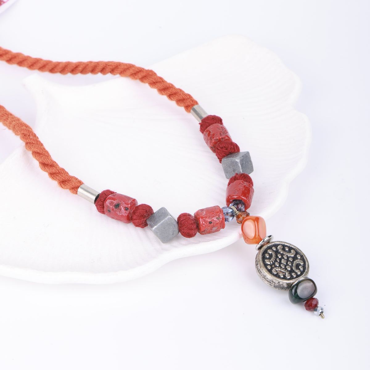 German Silver Choker Necklace with Coral & Orange Beads