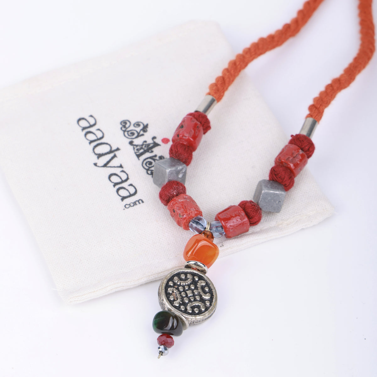 German Silver Choker Necklace with Coral & Orange Beads