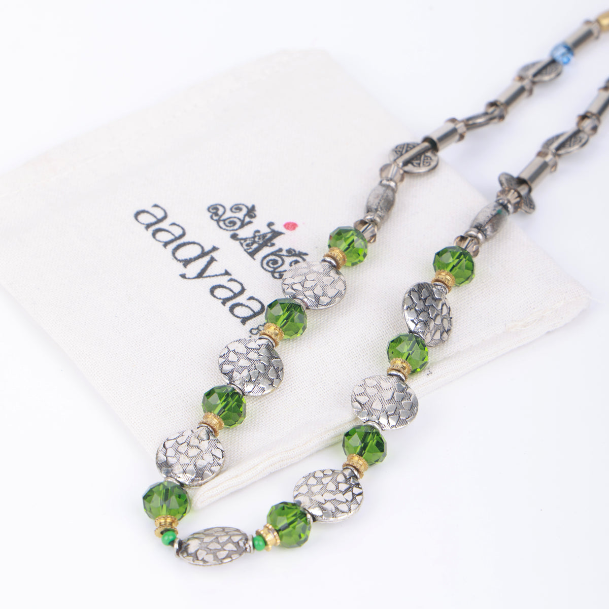 German Silver Necklace with Green & Blue Glass Beads
