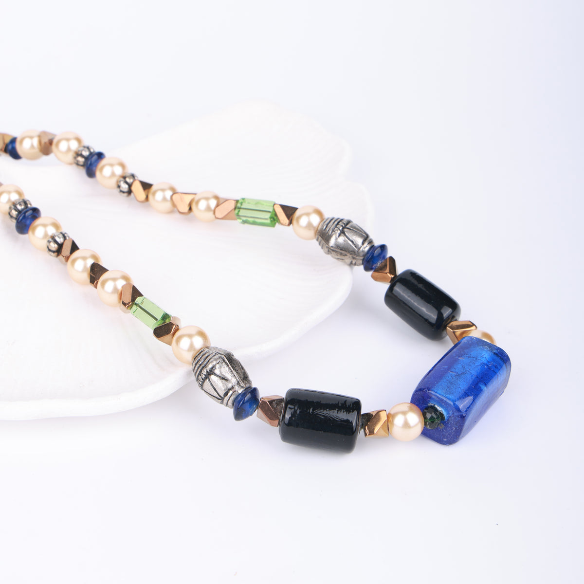 Blue & Black Agate Necklace with Pearl & Glass Beads