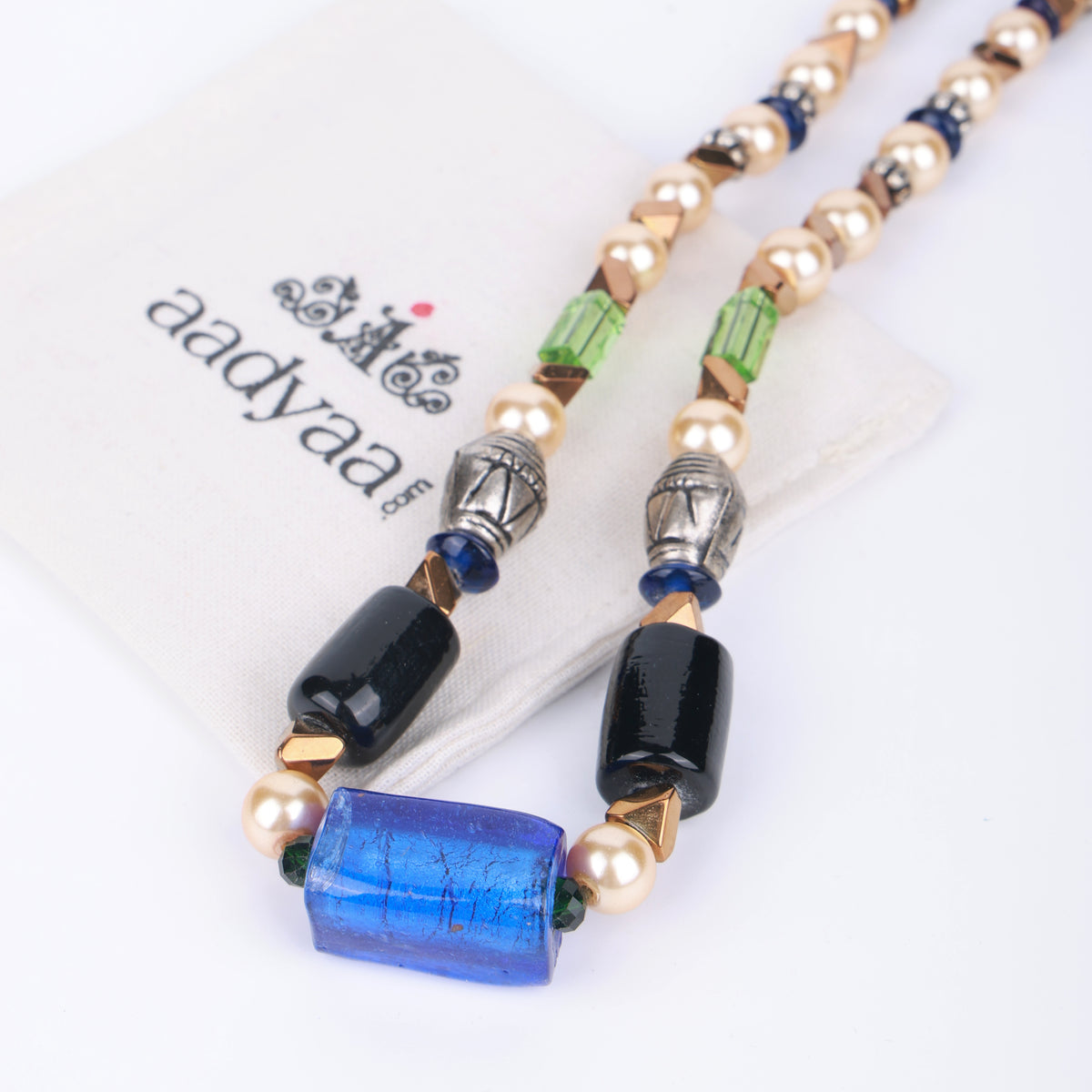 Blue & Black Agate Necklace with Pearl & Glass Beads