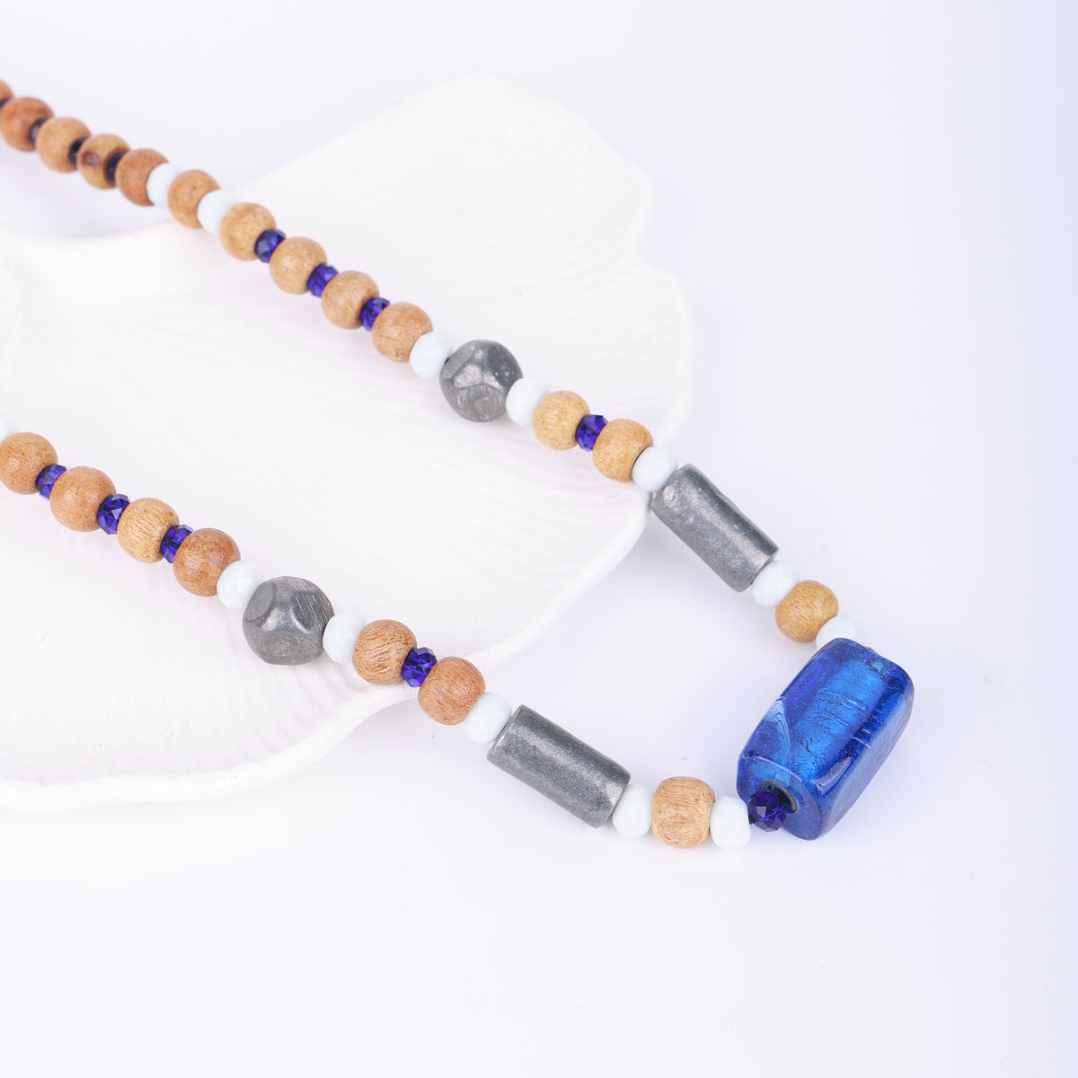 Blue Glass Bead Necklace with Wooden & White Stone Beads