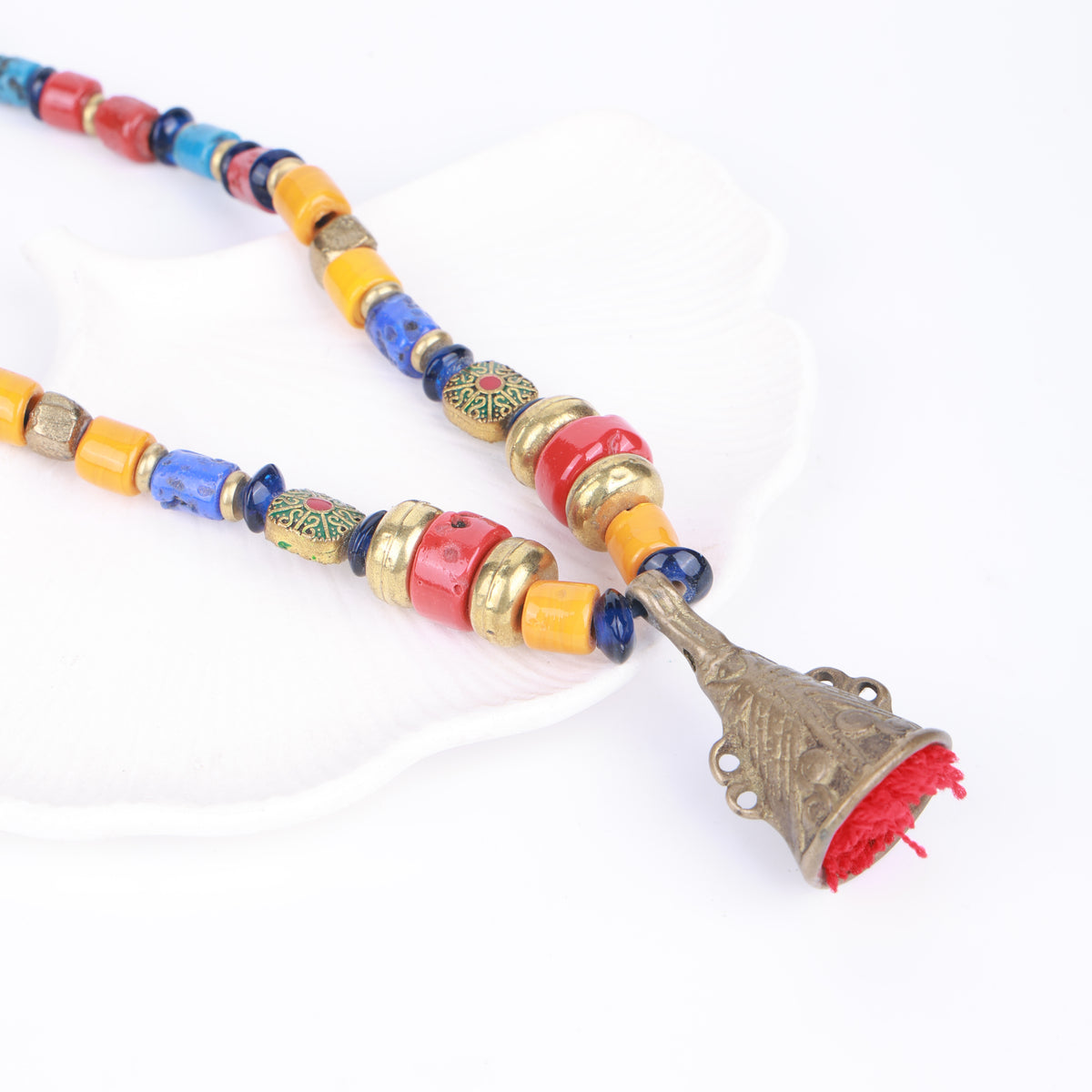 Glass Beaded Necklace with Brass Pendant from Arunachal & Afghan Inlay Beads