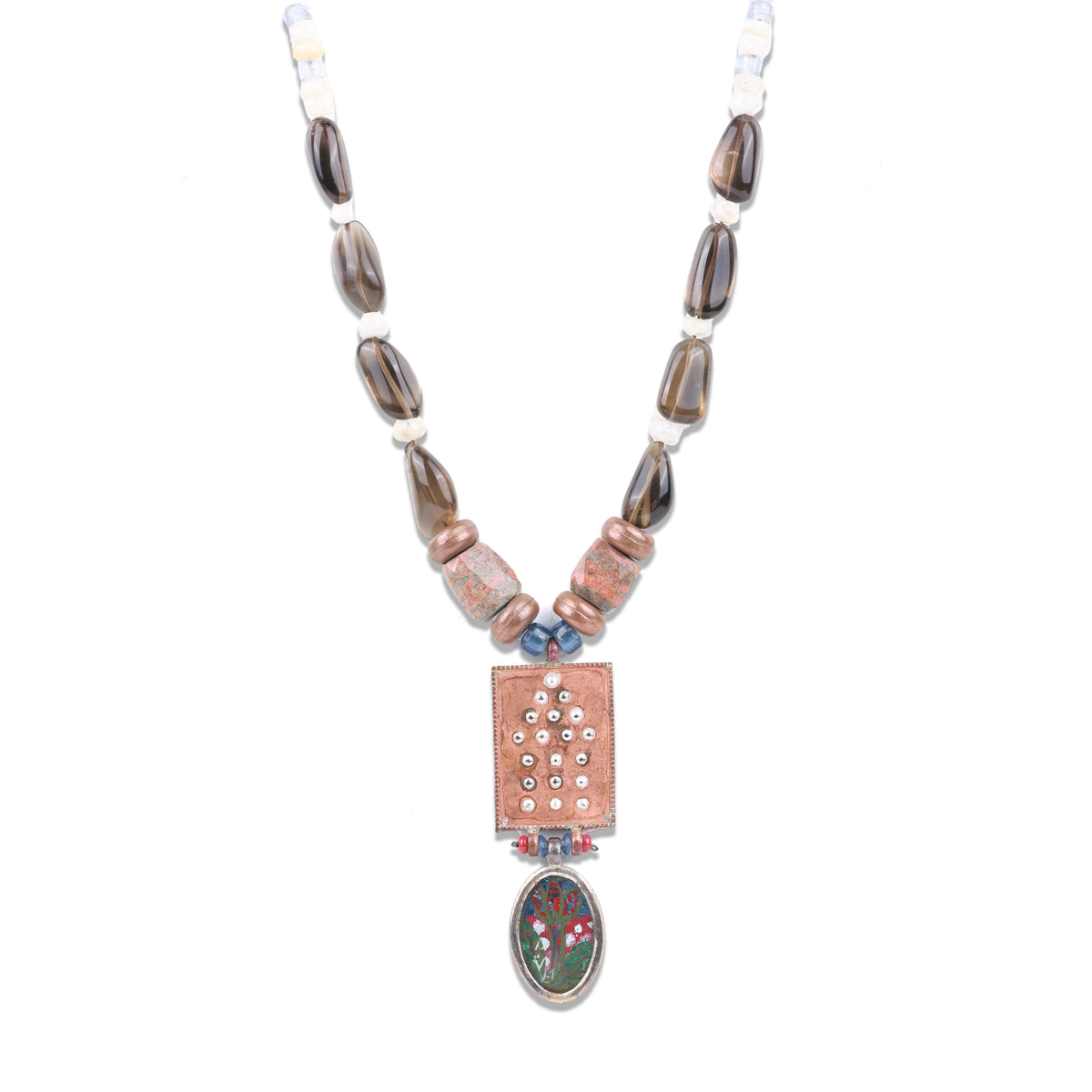 Hand-Painted 95T Silver Pendant Necklace with Copper, Moonstone, Smoky Topaz, Unakite & Glass Beads