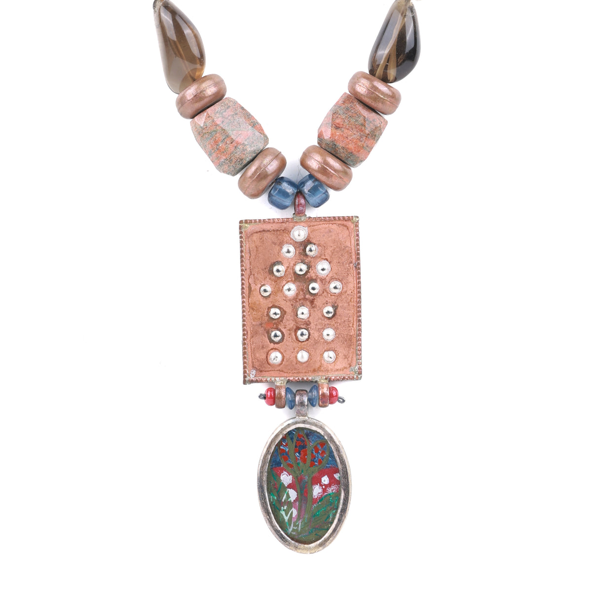 Hand-Painted 95T Silver Pendant Necklace with Copper, Moonstone, Smoky Topaz, Unakite & Glass Beads