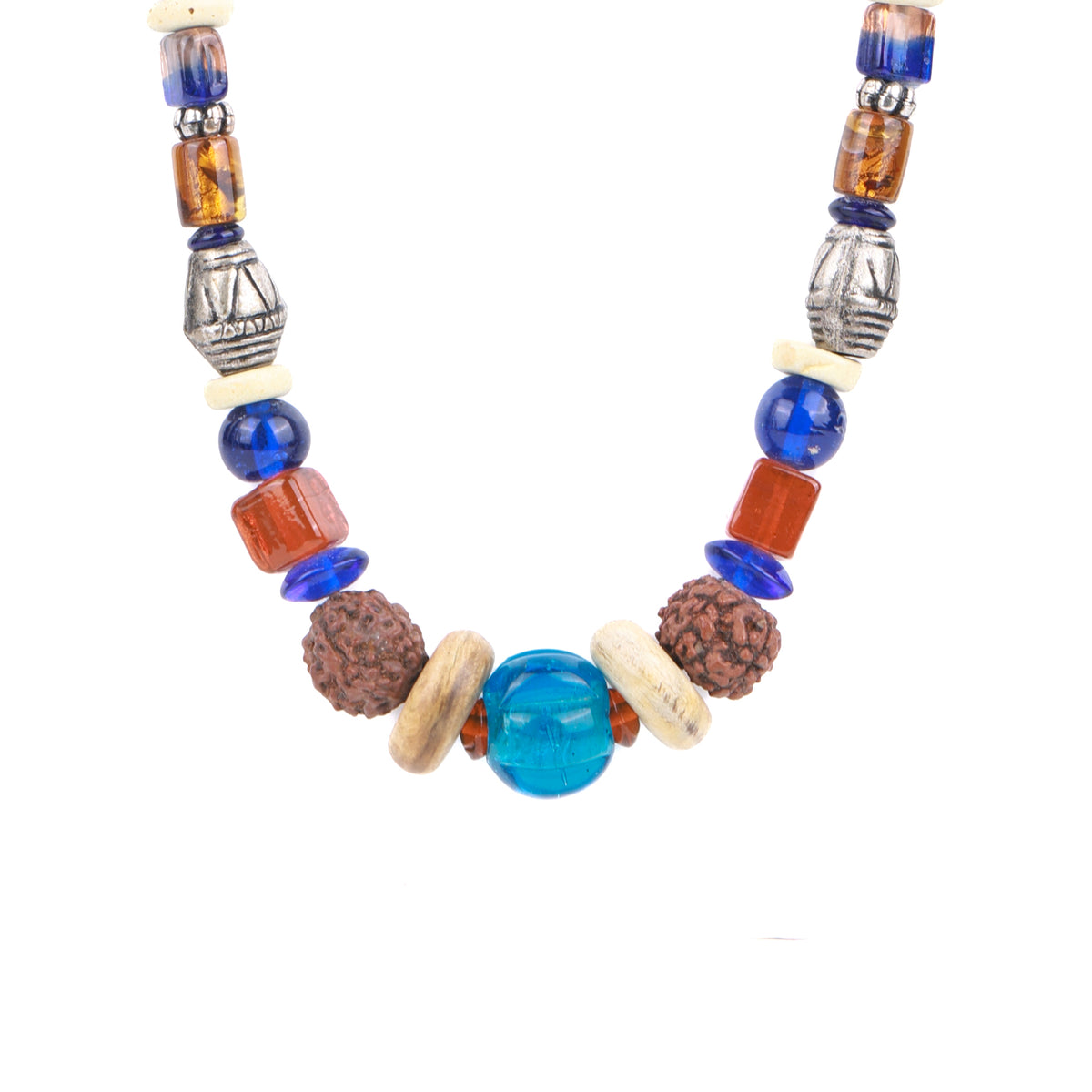 Rudraksha Necklace with German Silver & Glass Beads
