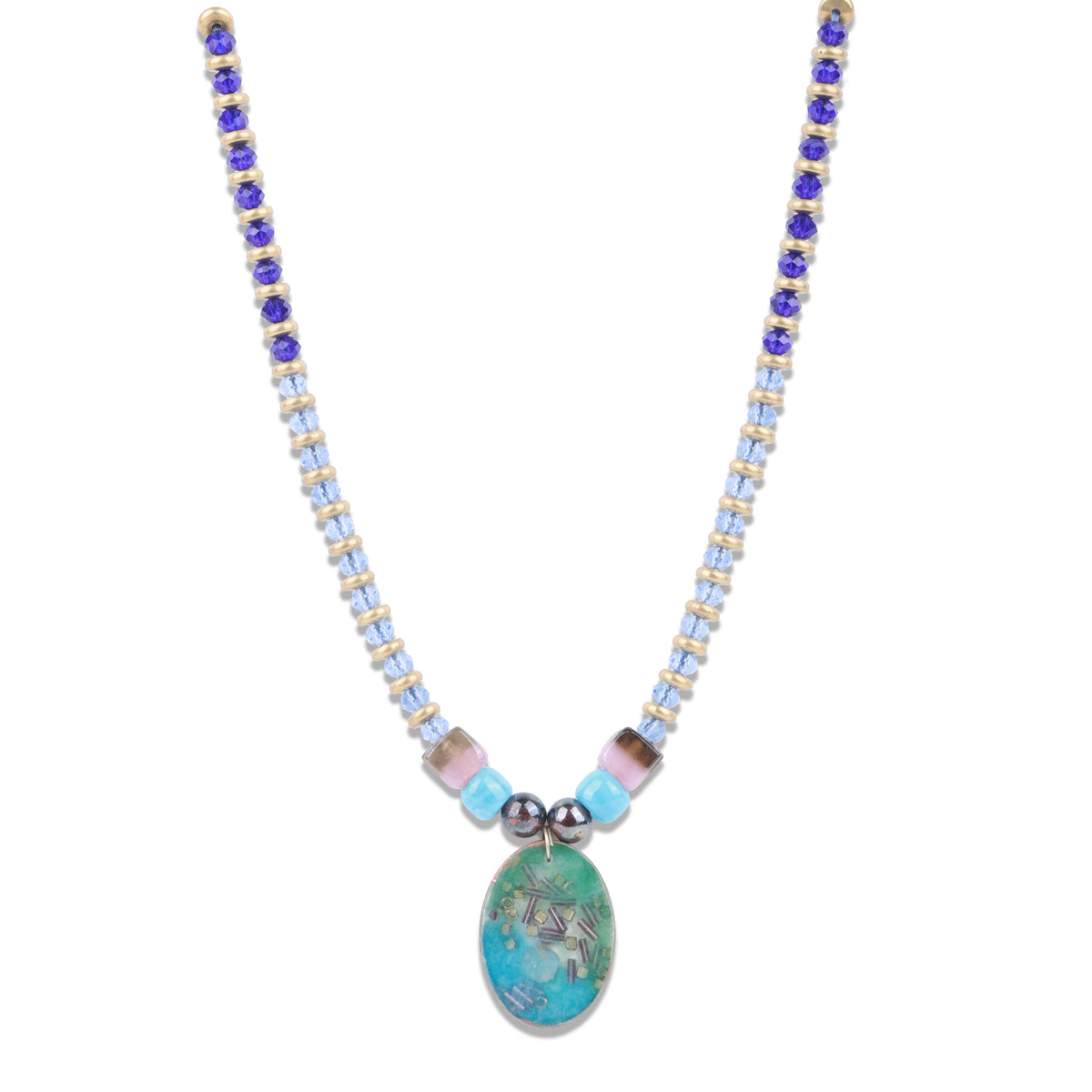 Resin Pendant Necklace with Blue & Copper Beads