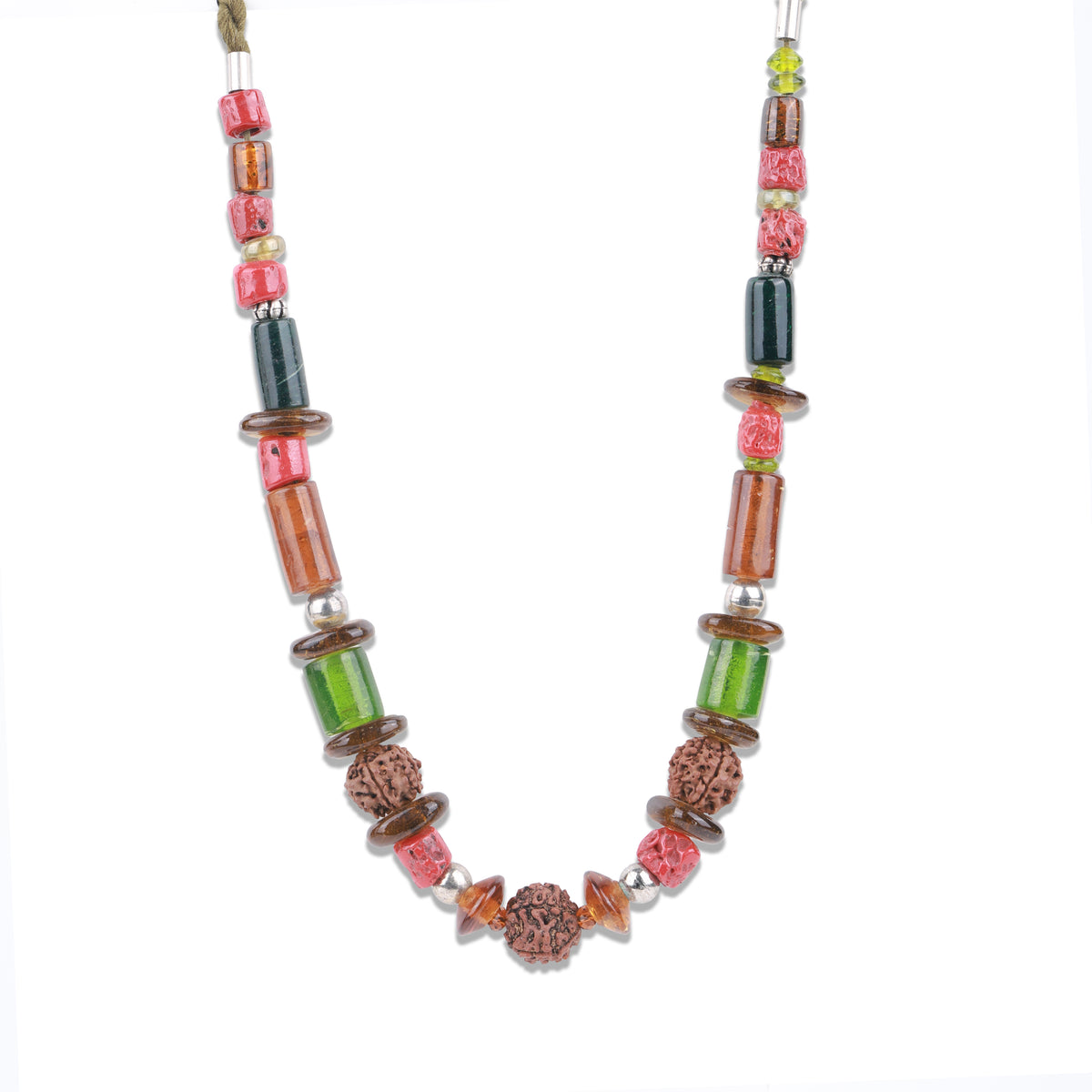 Rudraksha Necklace with Coral & Glass Beads