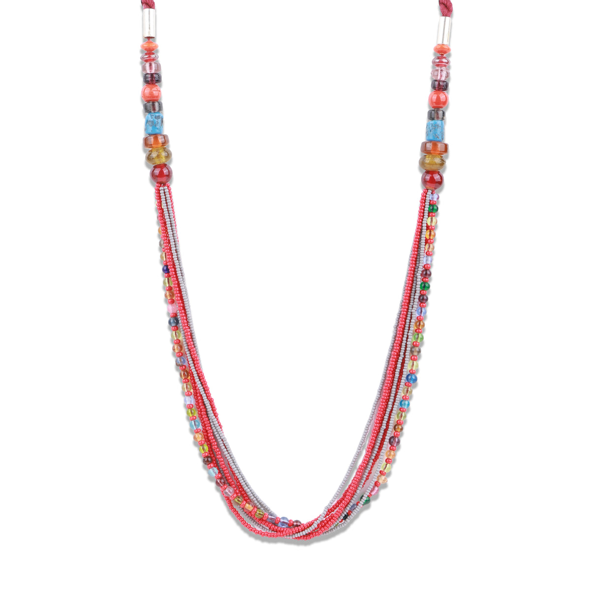 Multilayer Necklace with Red & Grey Beads