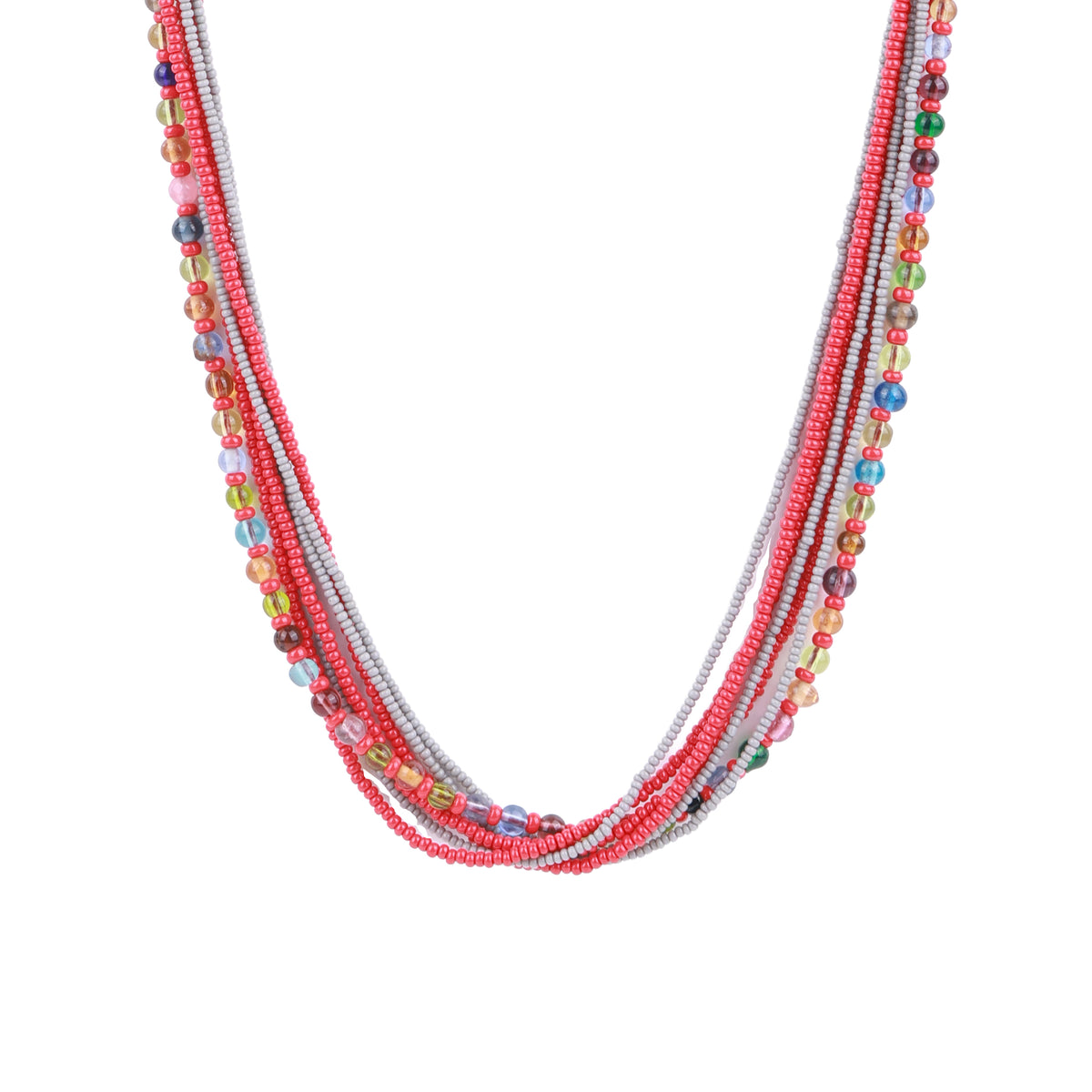 Multilayer Necklace with Red & Grey Beads