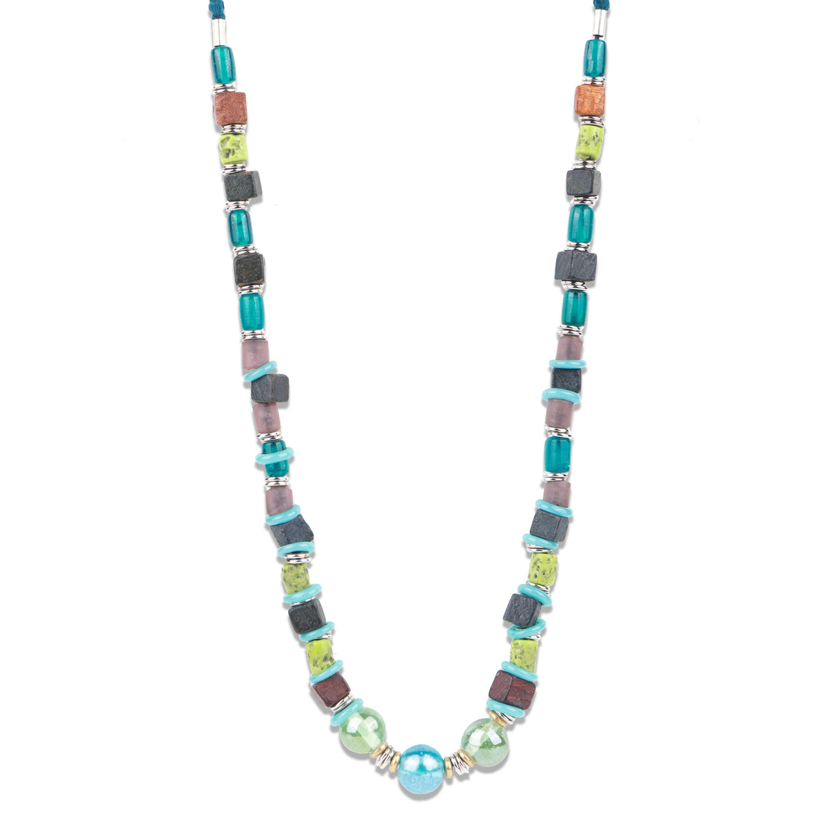 Light Blue & Green Glass Beaded Necklace with Wooden Beads