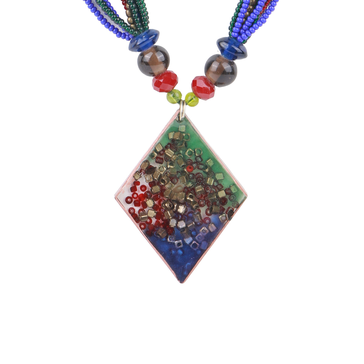 Diamond-Shaped Resin Art Necklace with Blue, Green & Red Glass Beads