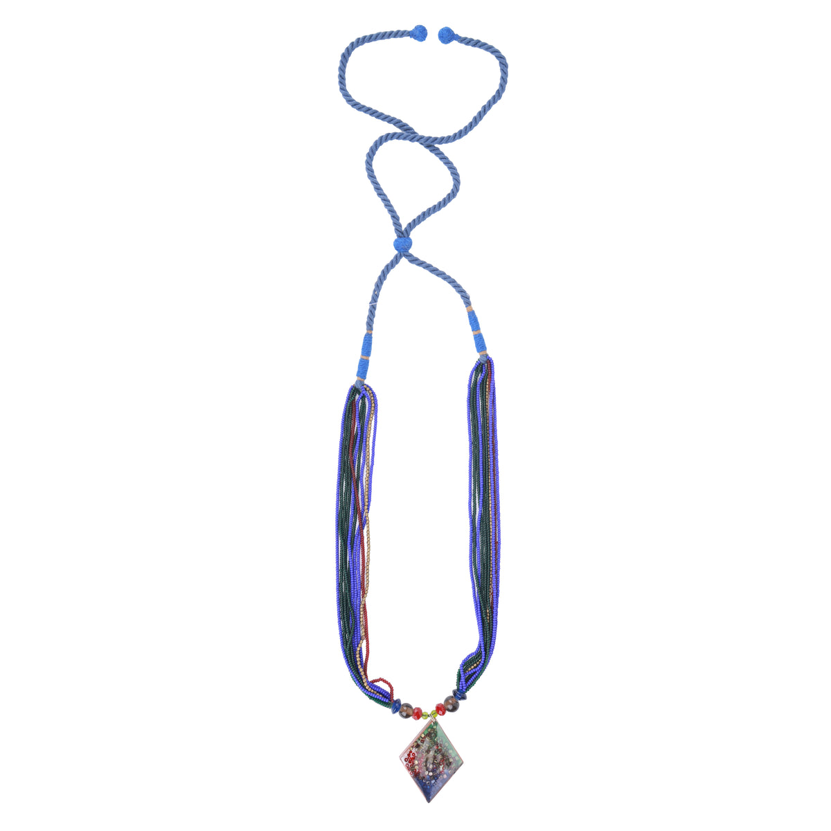 Diamond-Shaped Resin Art Necklace with Blue, Green & Red Glass Beads