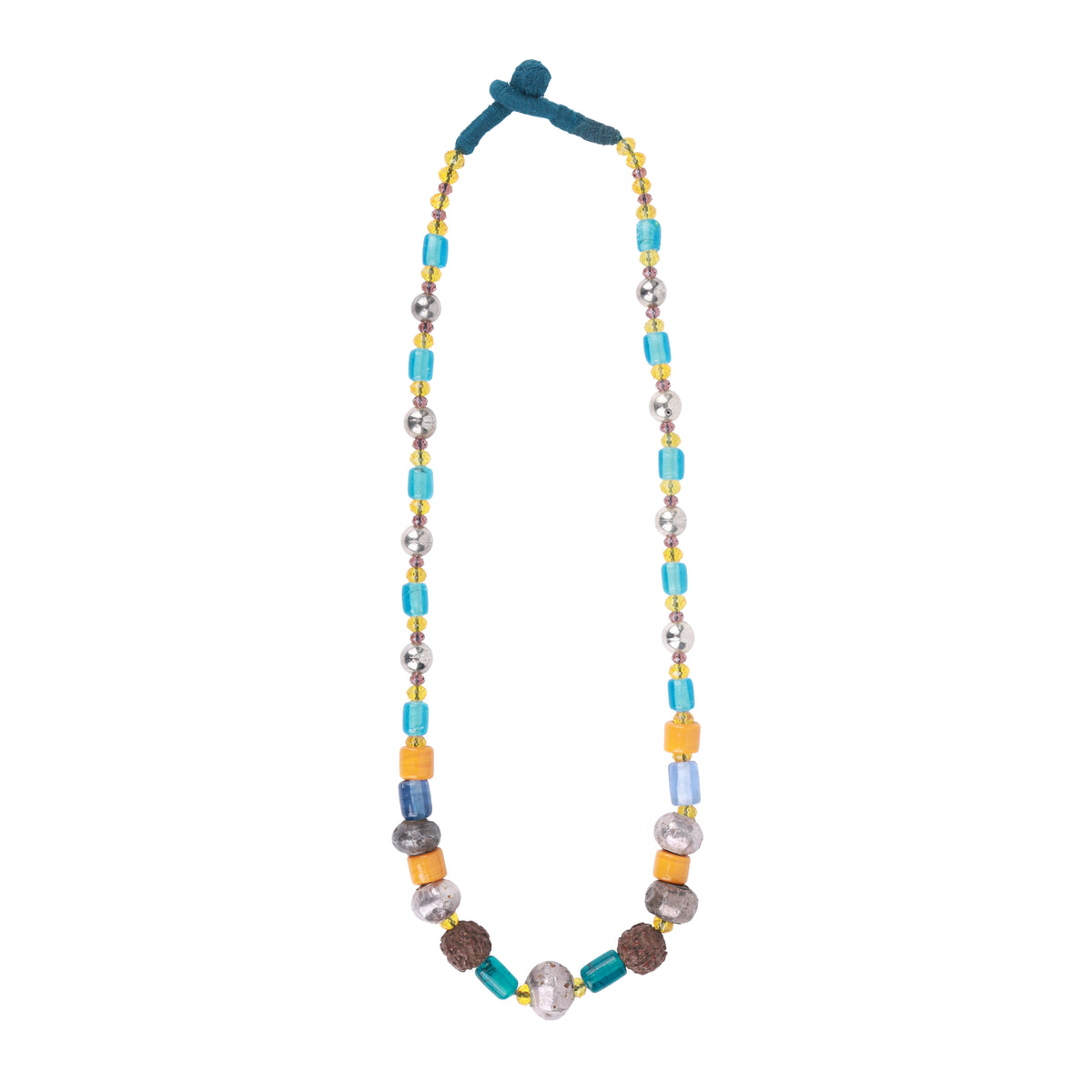 German Silver Necklace with Sea Blue & Yellow Glass Beads