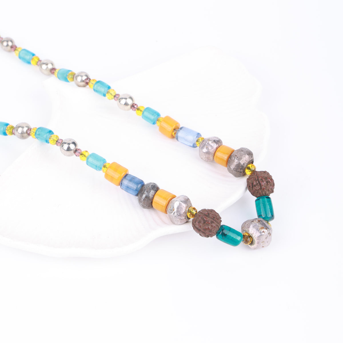 German Silver Necklace with Sea Blue & Yellow Glass Beads