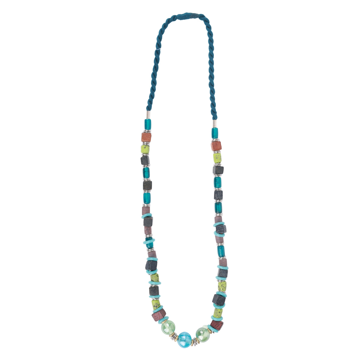 Light Blue & Green Glass Beaded Necklace with Wooden Beads