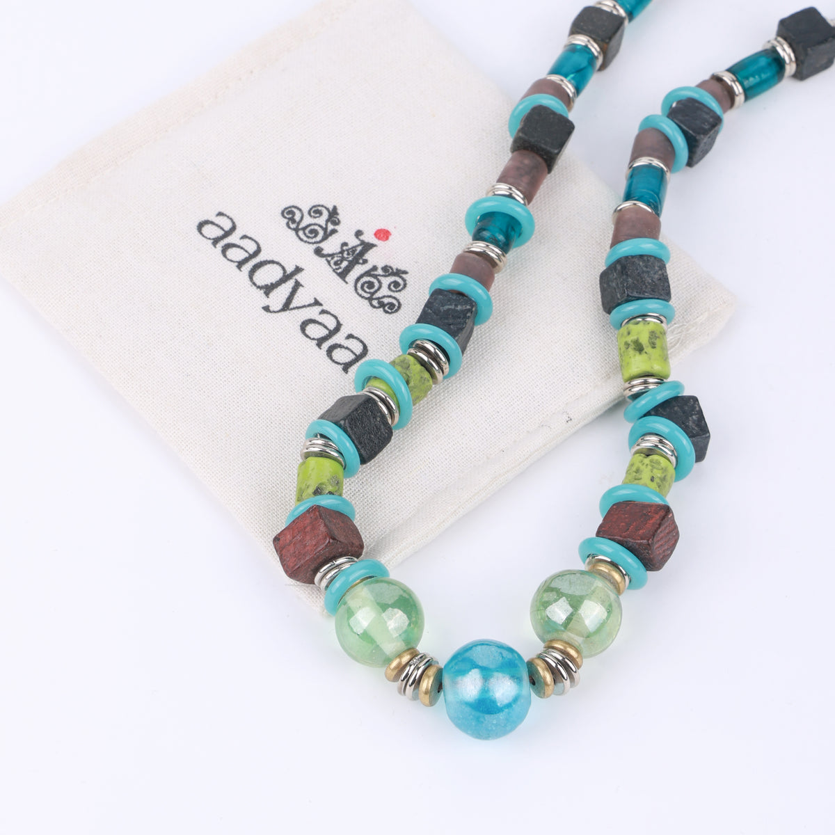 Light Blue & Green Glass Beaded Necklace with Wooden Beads