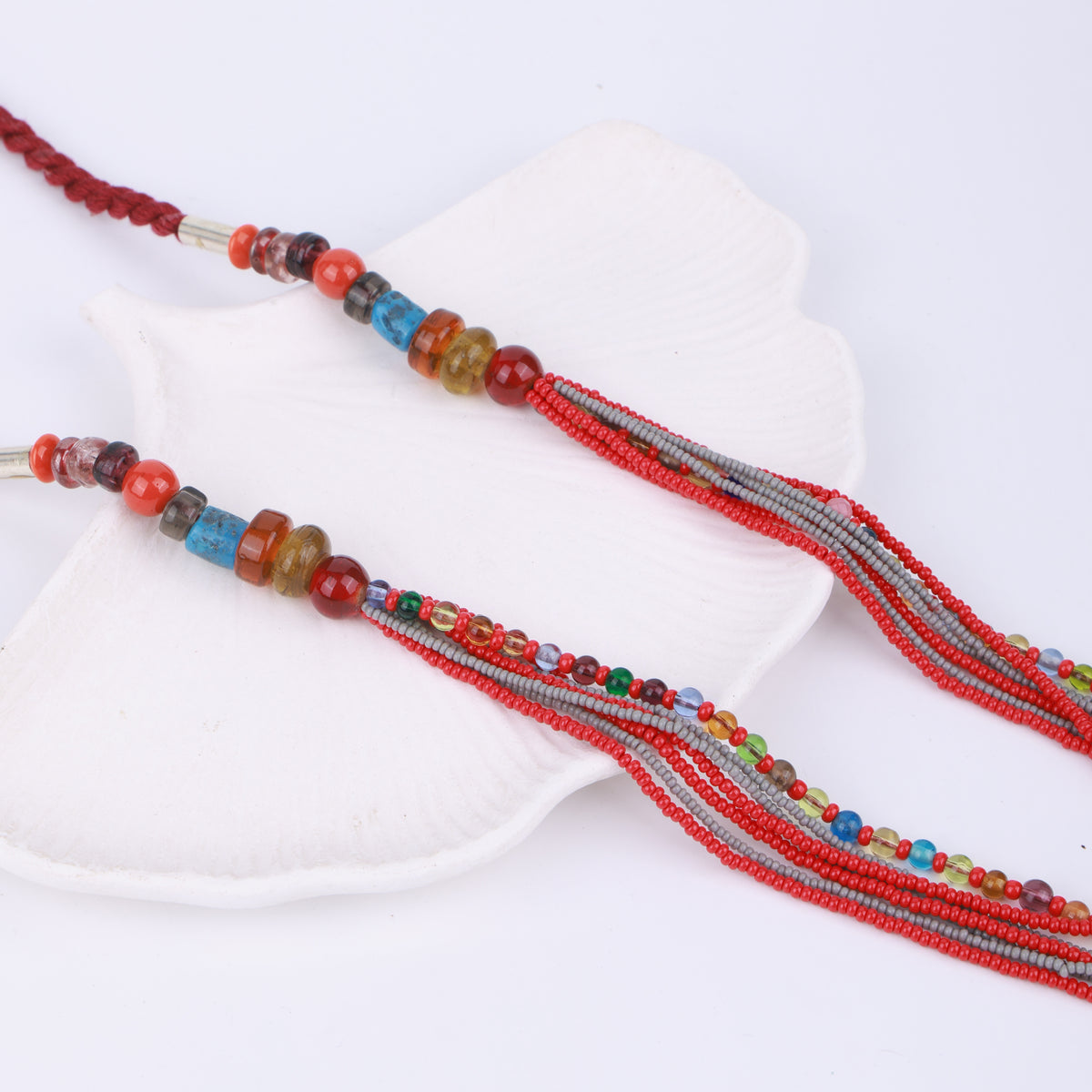 Multilayer Necklace with Red & Grey Beads