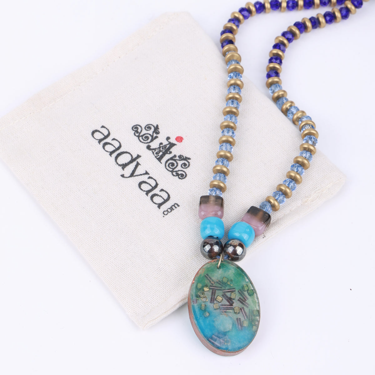 Resin Pendant Necklace with Blue & Copper Beads