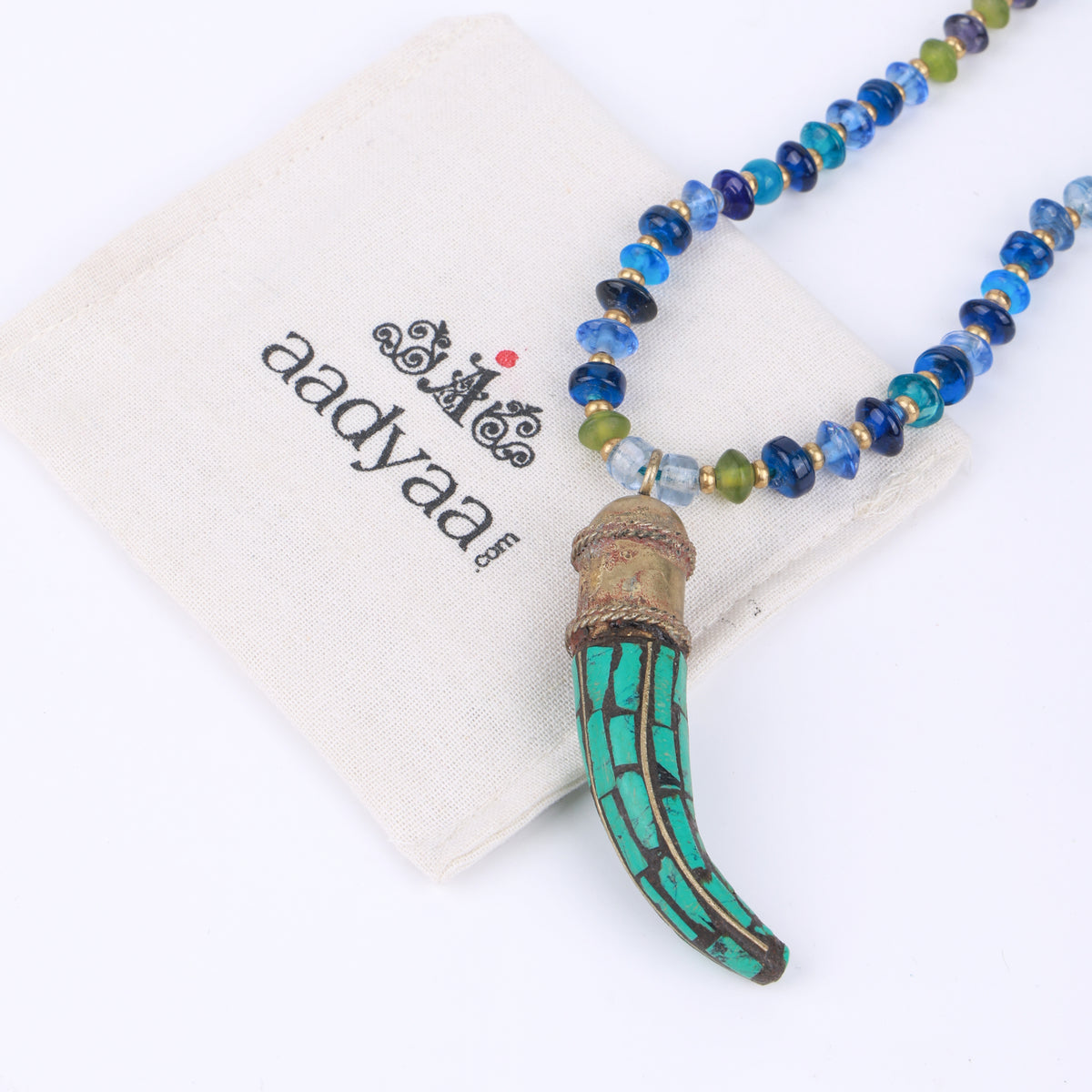 Antique Haatidant Brass Necklace with Glass Beads