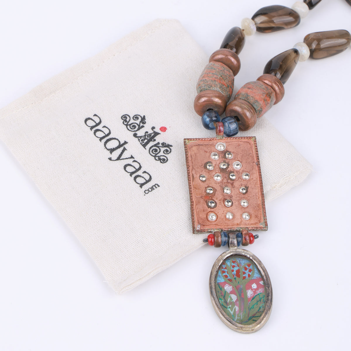 Hand-Painted 95T Silver Pendant Necklace with Copper, Moonstone, Smoky Topaz, Unakite & Glass Beads