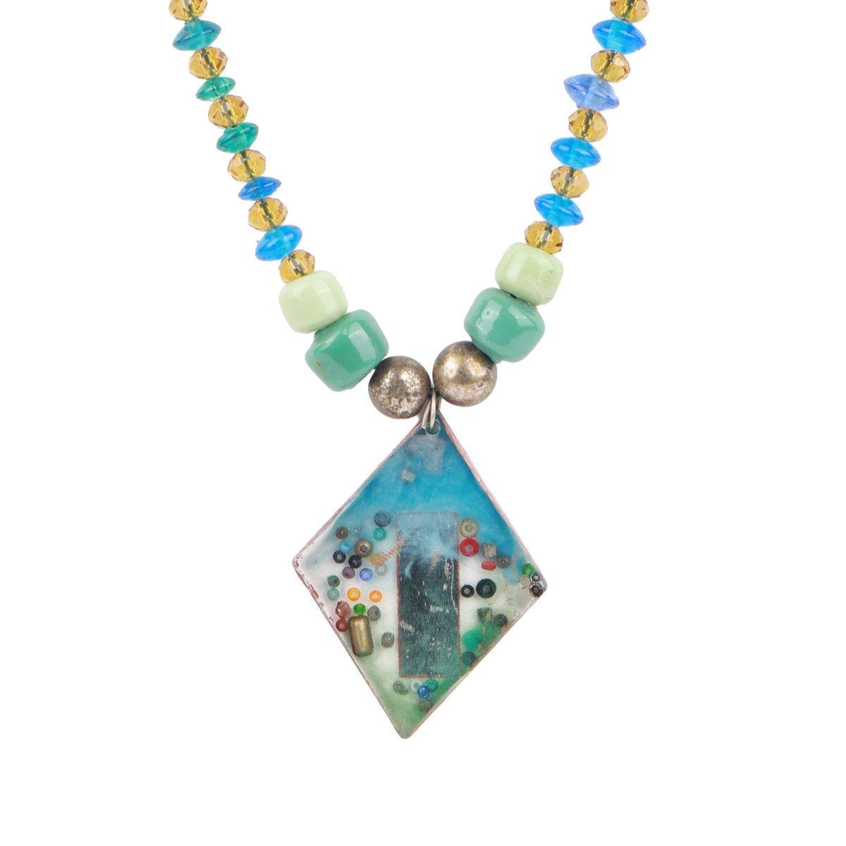 Resin Pendant Necklace with Blue & Yellow Beads