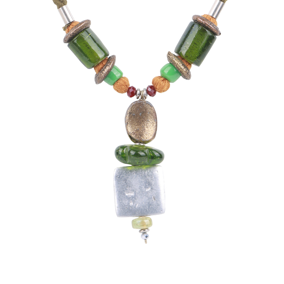 Green Beaded Necklace with Brass & Aluminium