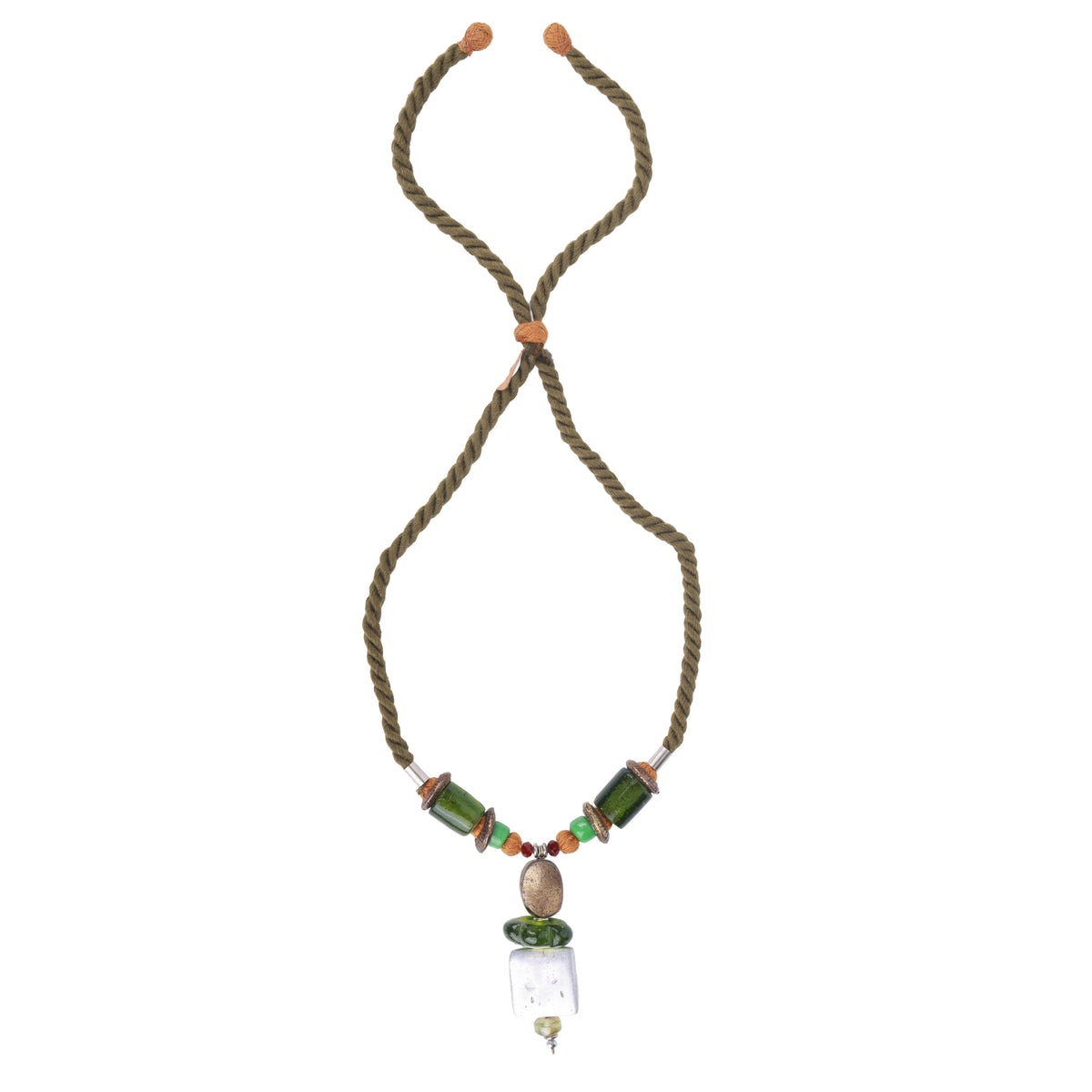 Green Beaded Necklace with Brass & Aluminium