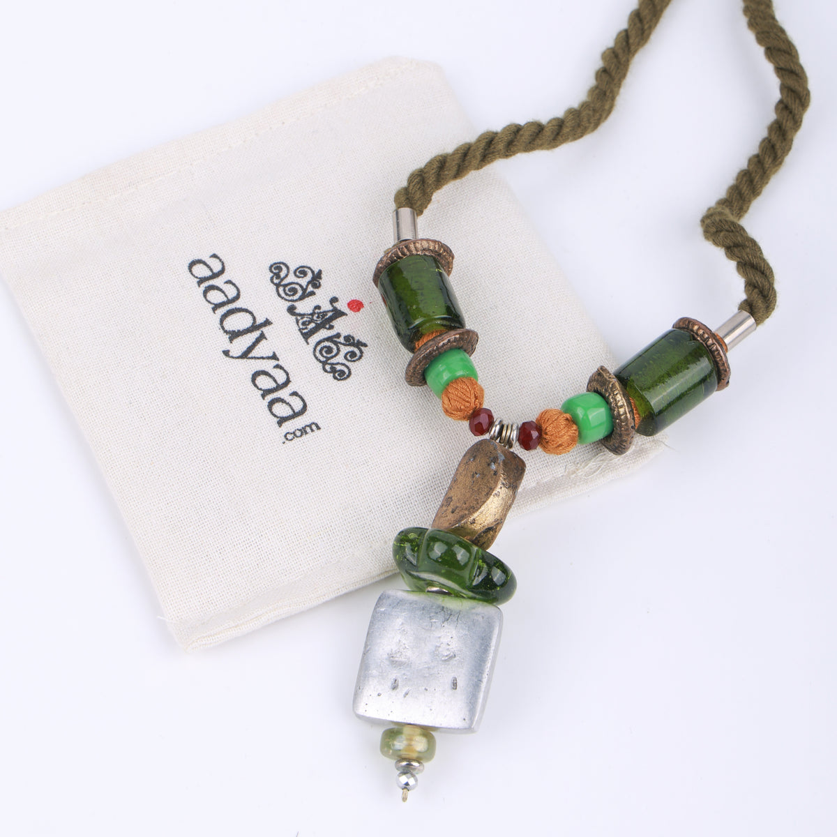 Green Beaded Necklace with Brass & Aluminium
