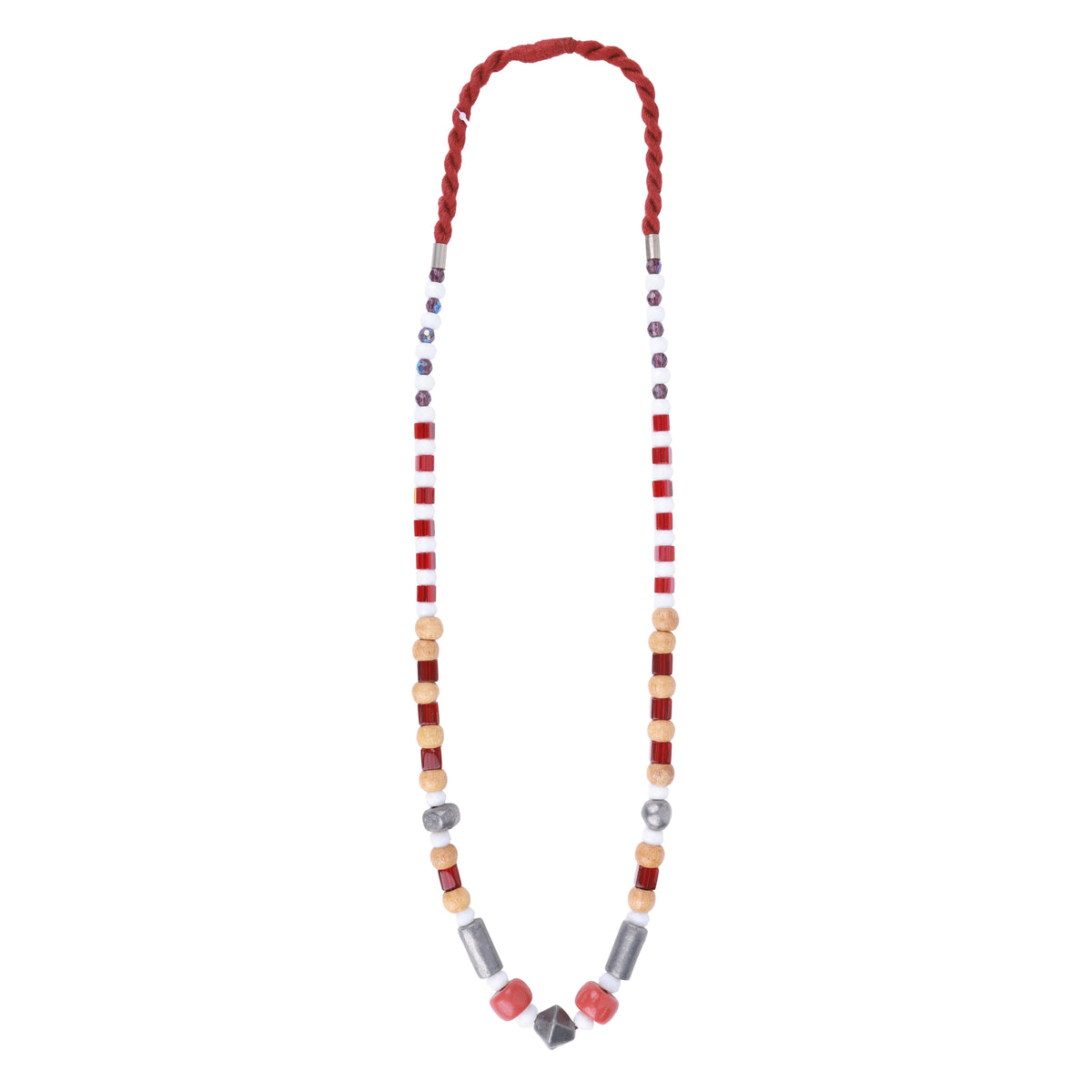 Glass Bead Necklace with Wooden, Red & White Beads