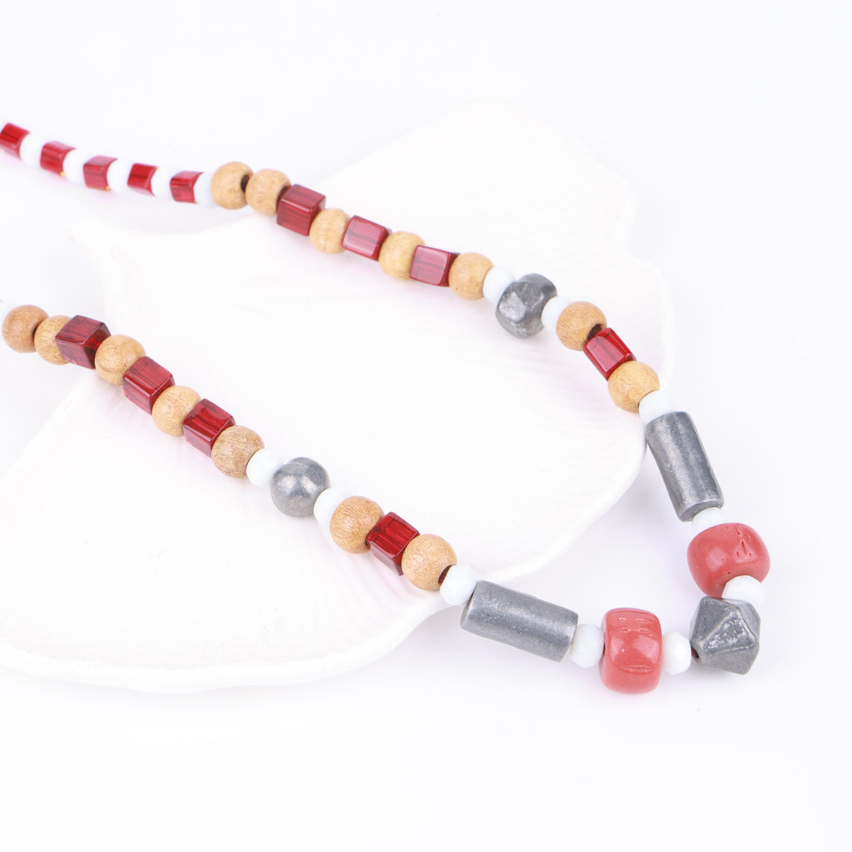 Glass Bead Necklace with Wooden, Red & White Beads