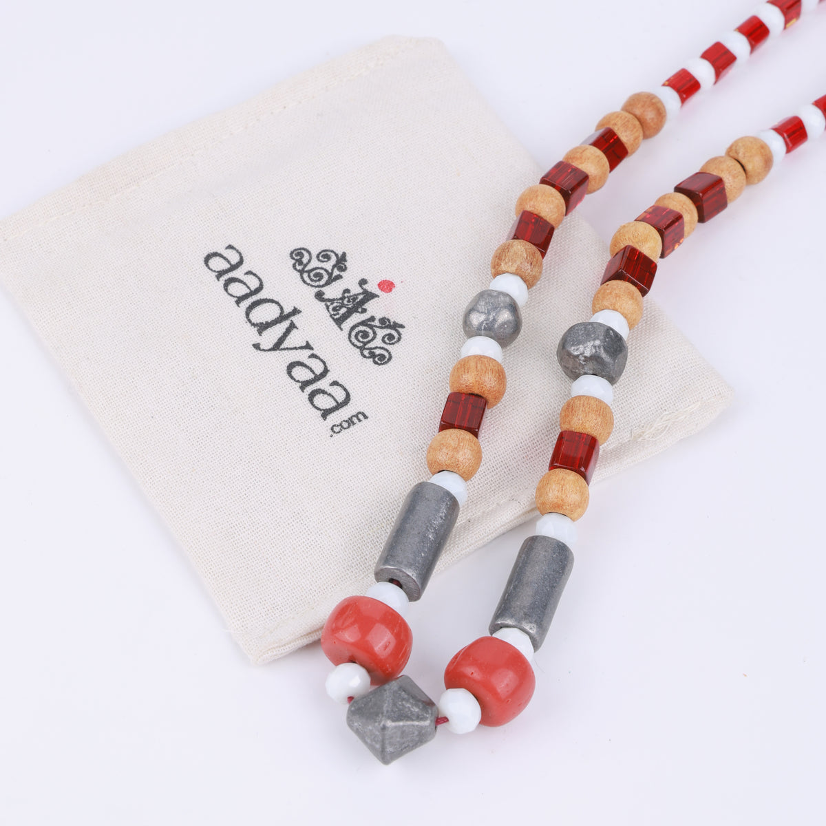 Glass Bead Necklace with Wooden, Red & White Beads