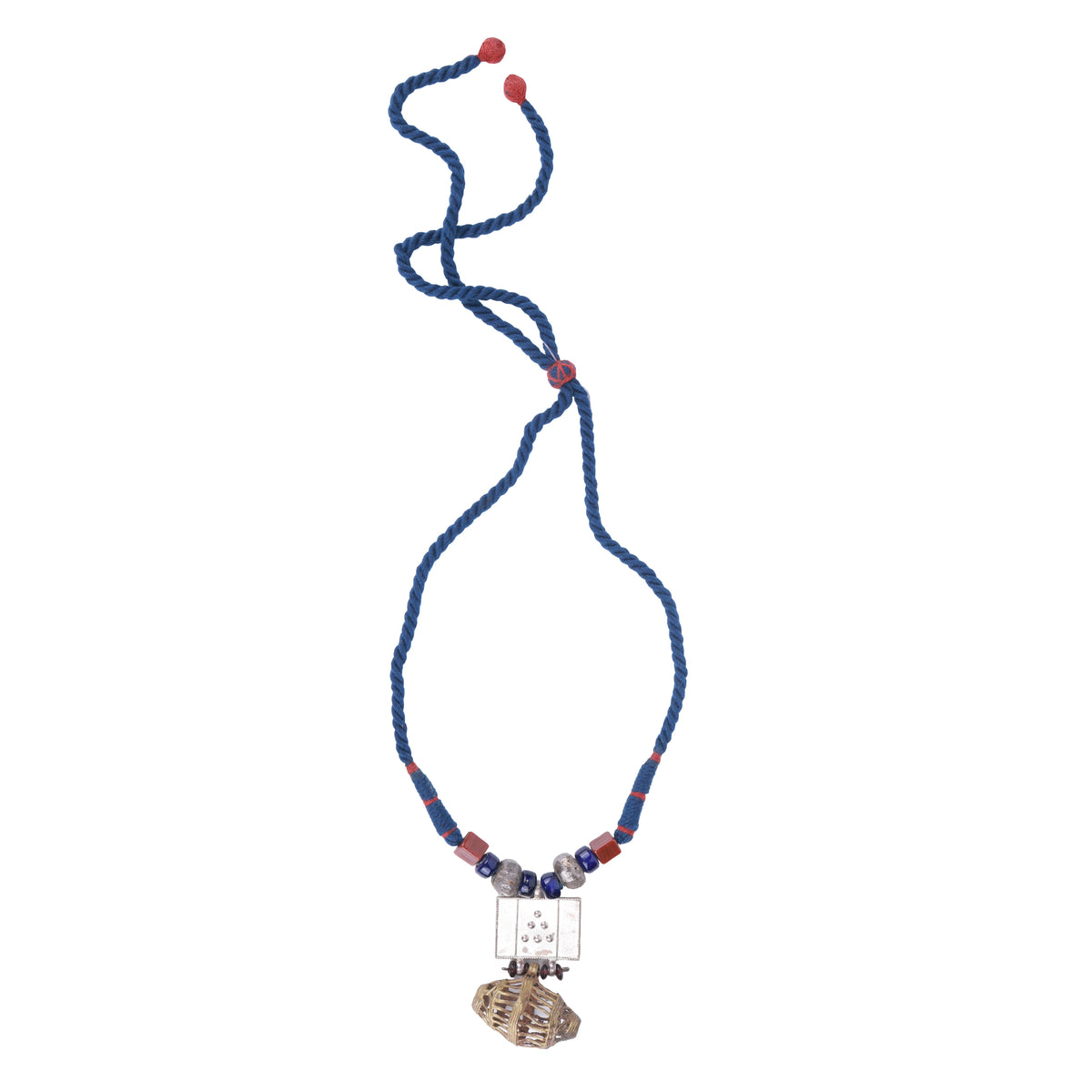 95T Silver Pendant Necklace with Dokra Work & Silver Foil Glass Beads