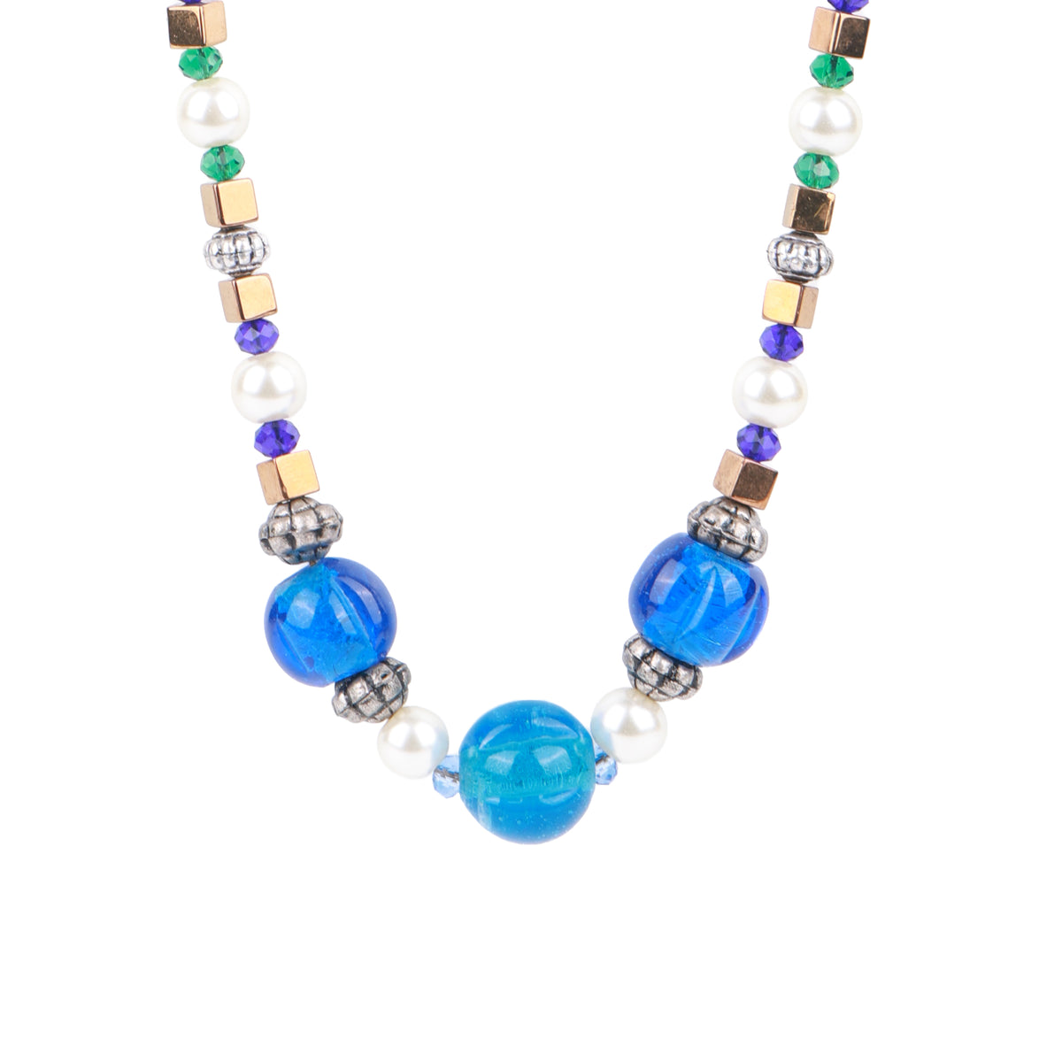 Blue Agate & Copper-Plated Bead Necklace