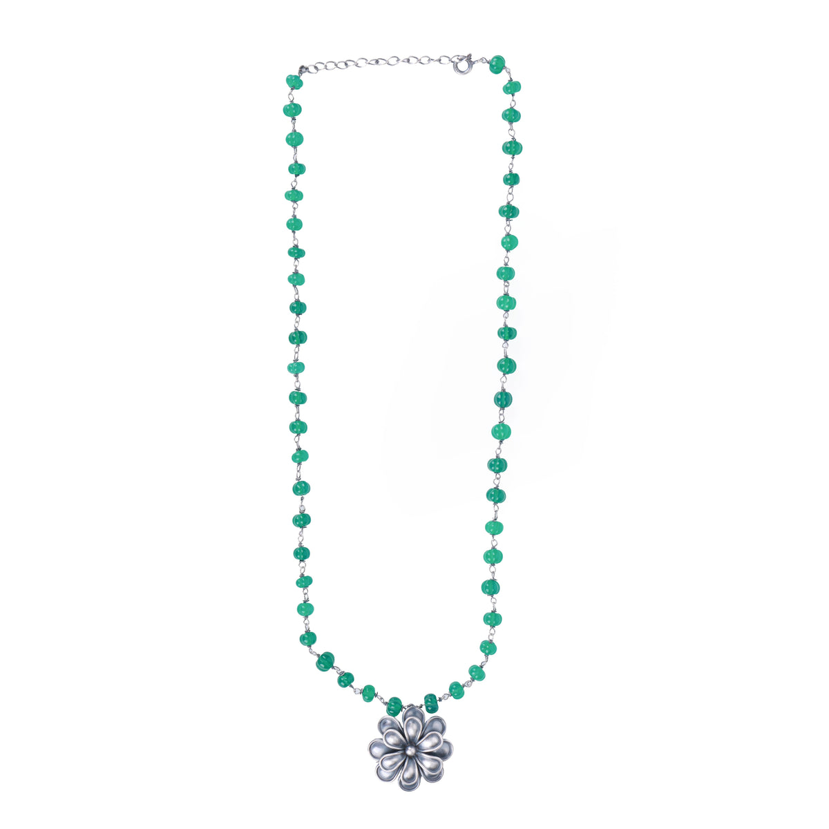 Silver Oxidised Flower Necklace with Green Onyx