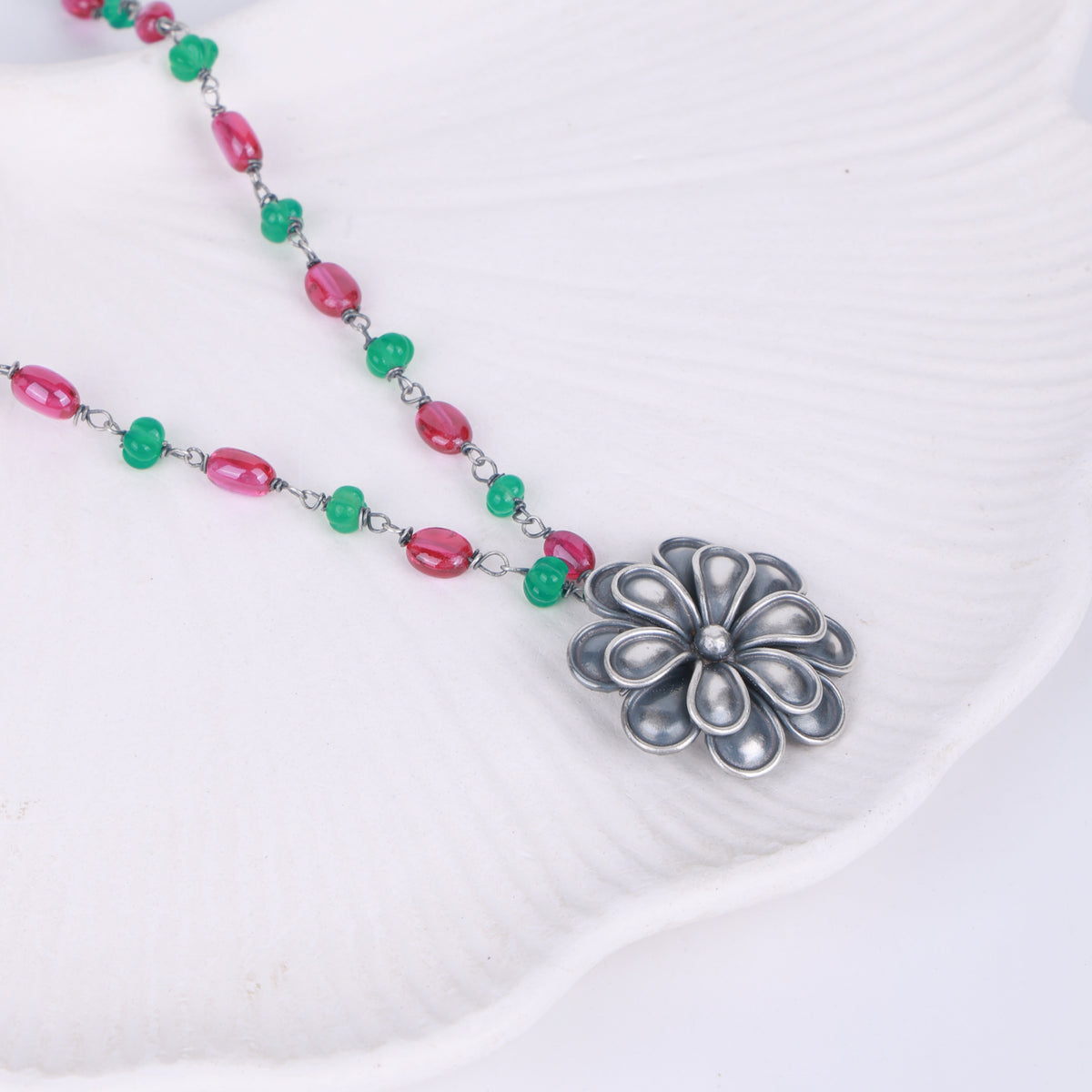 Silver Oxidised Flower Necklace with Ruby & Green Onyx