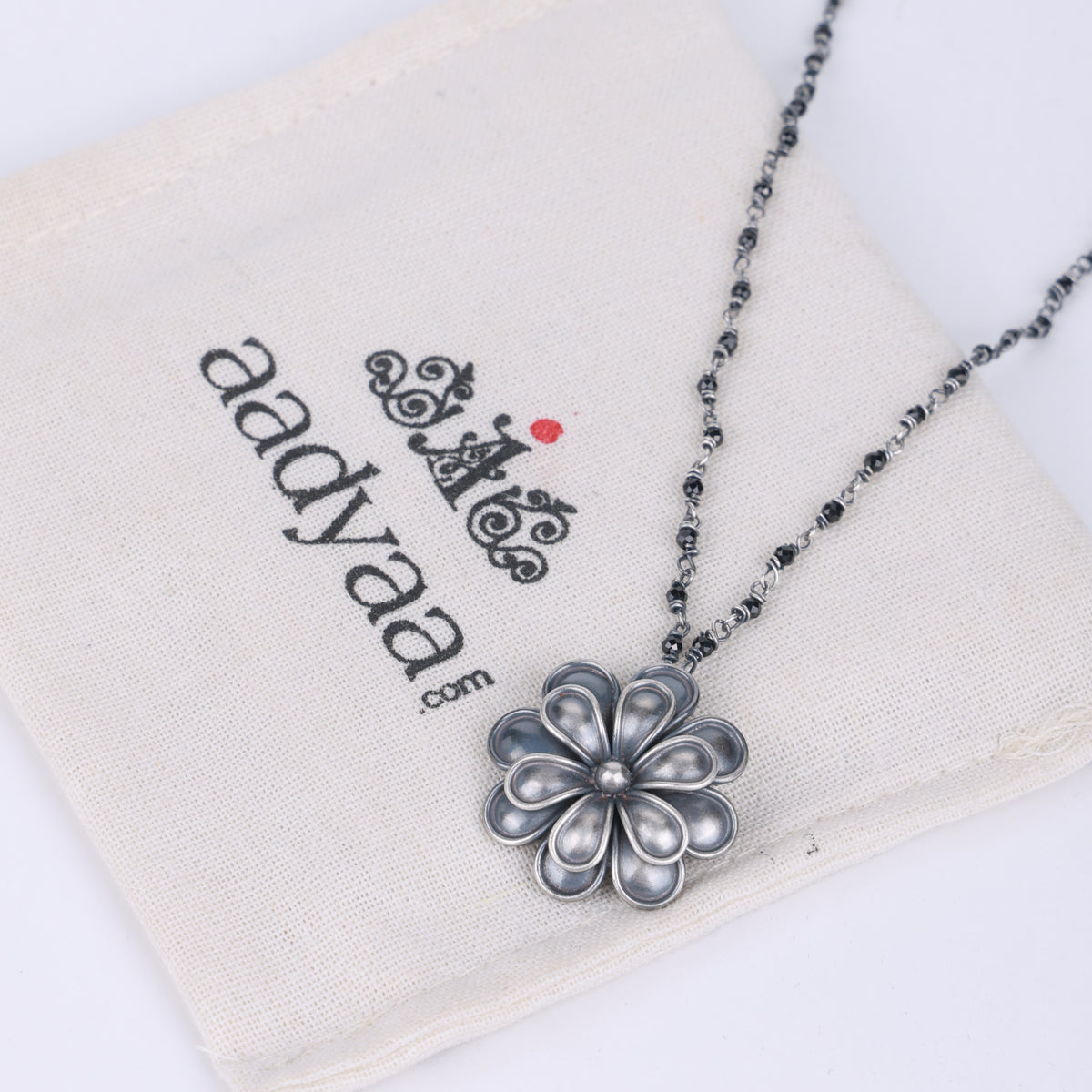 Silver Oxidised Flower Necklace with Black Spinel