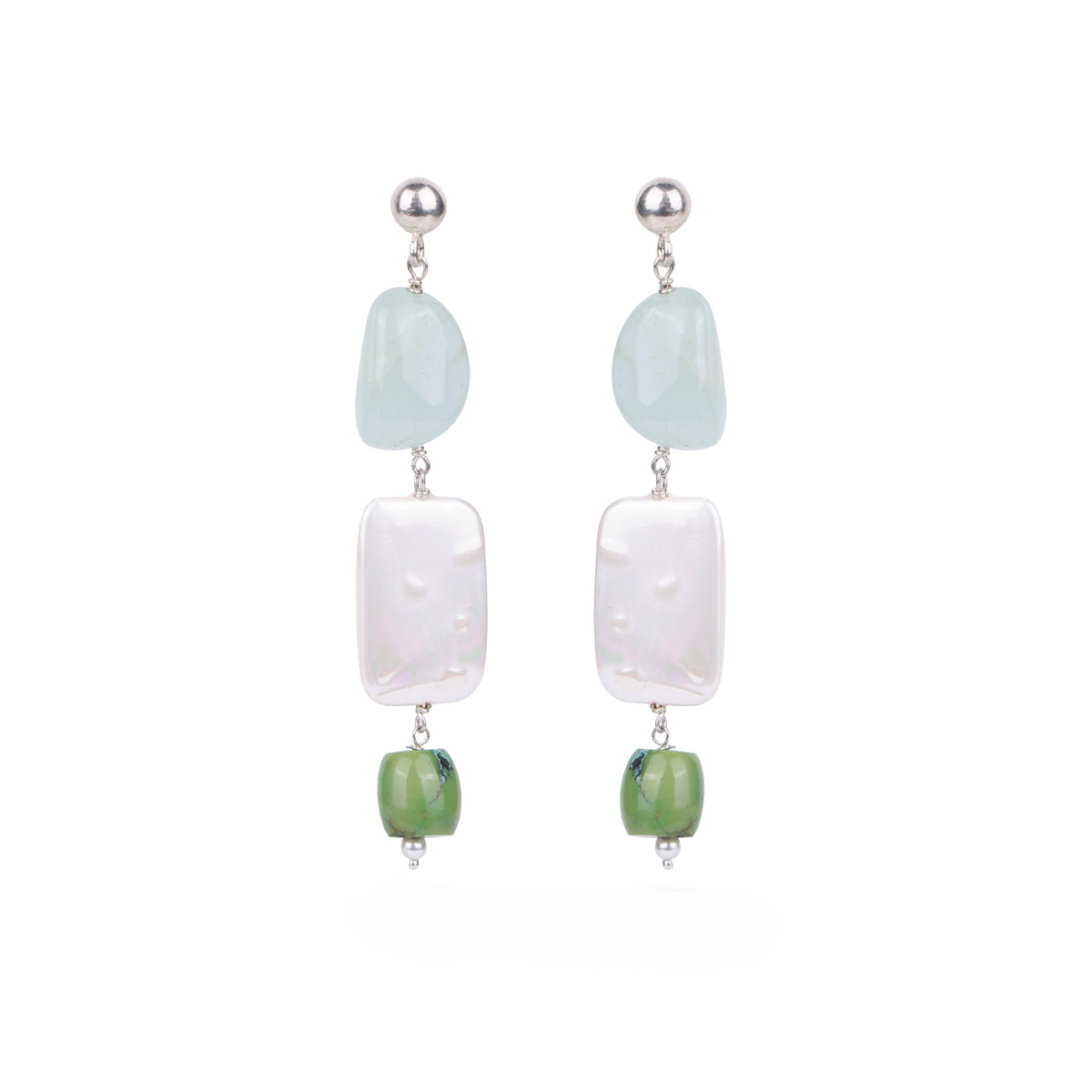 Aquamarine, Rectangular Pearl & Tibetan Turquoise Earrings (Project Handmade)