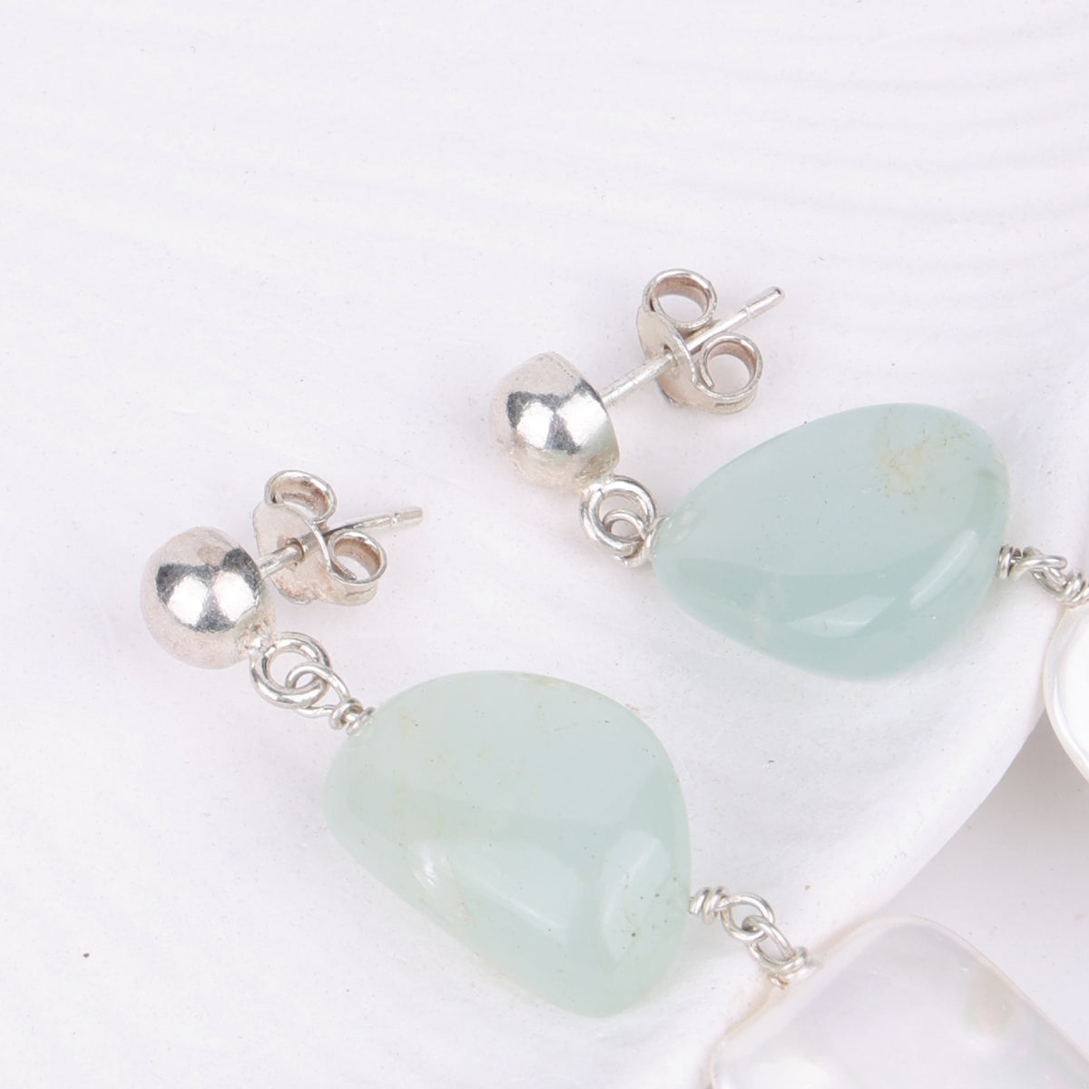 Aquamarine, Rectangular Pearl & Tibetan Turquoise Earrings (Project Handmade)