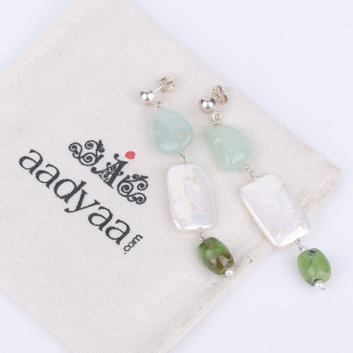 Aquamarine, Rectangular Pearl & Tibetan Turquoise Earrings (Project Handmade)