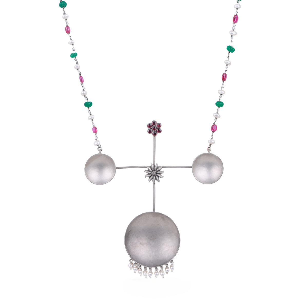 Silver Oxidised Concave Sun & Pink Kudi Necklace with Multicolour Stones