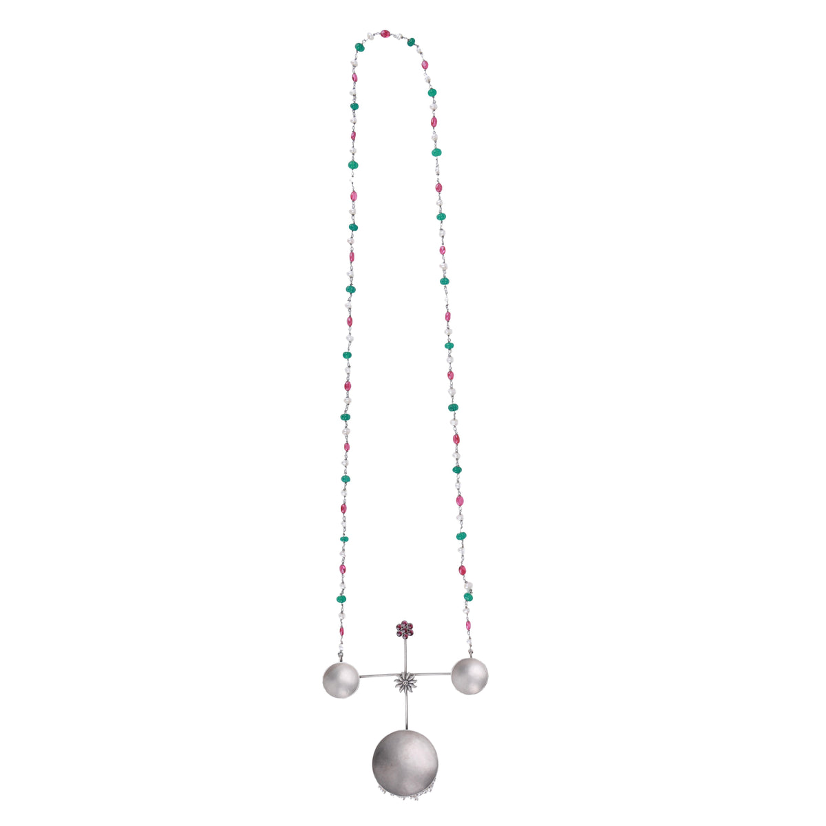Silver Oxidised Concave Sun & Pink Kudi Necklace with Multicolour Stones