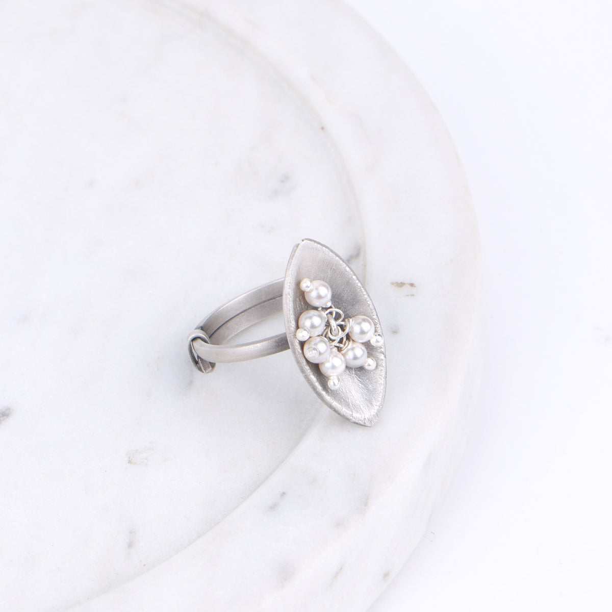 Silver Oxidised Marque Pearl Bunch Ring - view 4