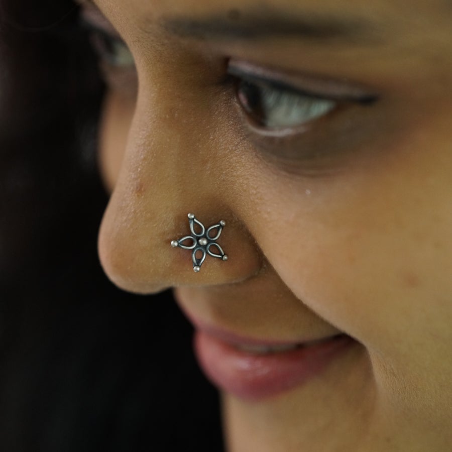 a close up of a person with a nose piercing
