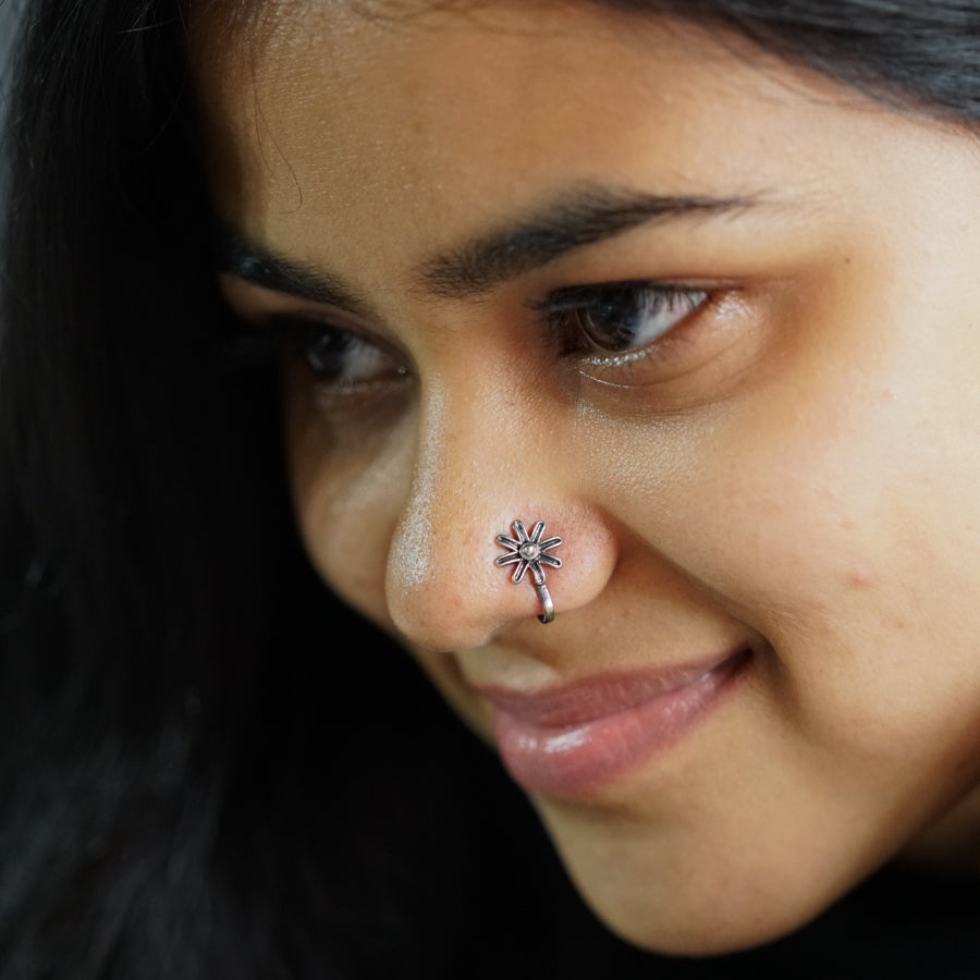 a close up of a person with a nose piercing