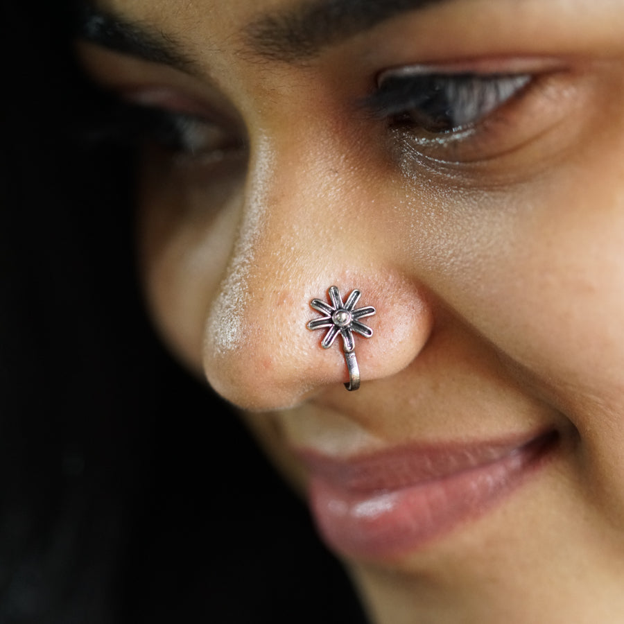 a close up of a person with a nose piercing