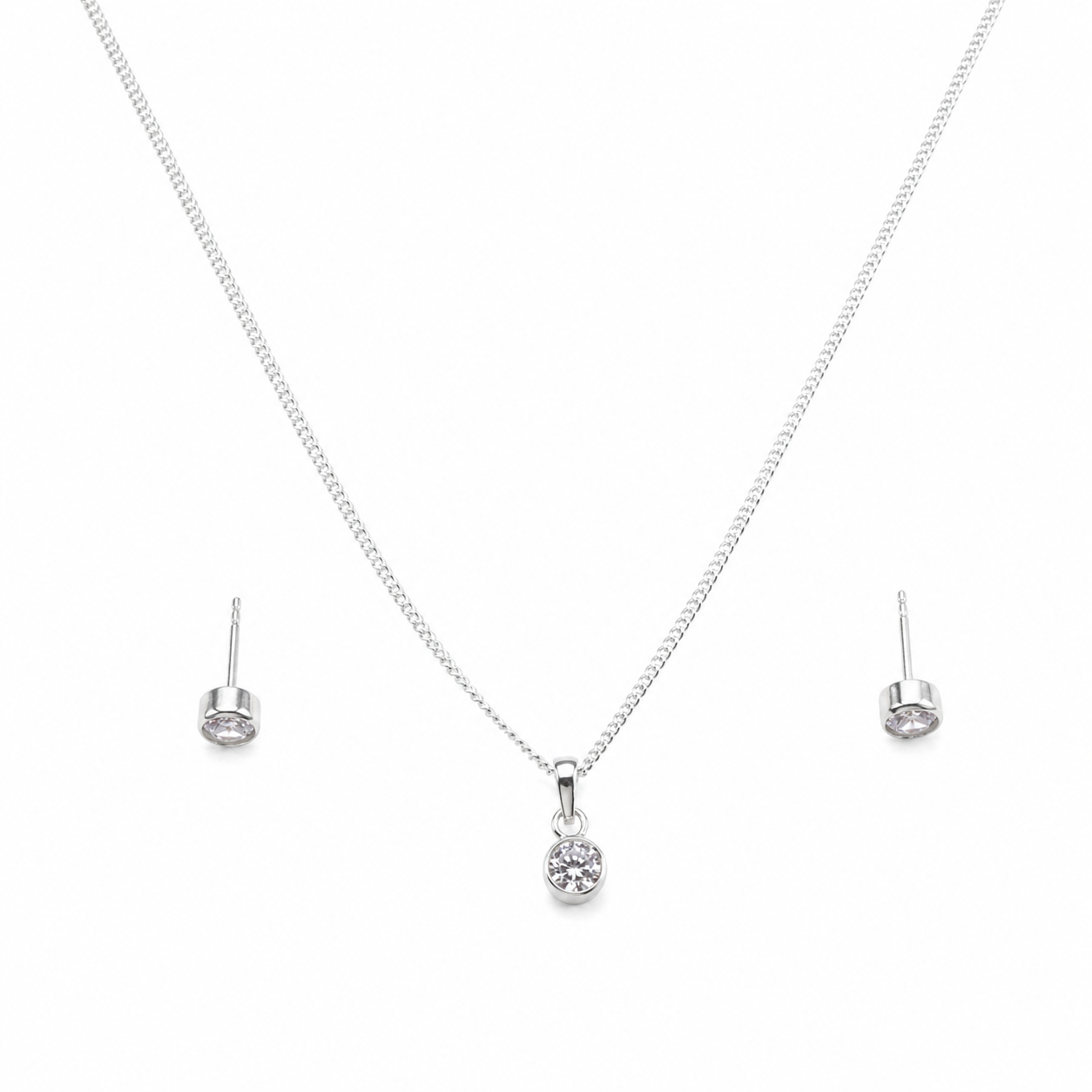 CZ Button Set of Chain & Studs | 92.5 Sterling Silver