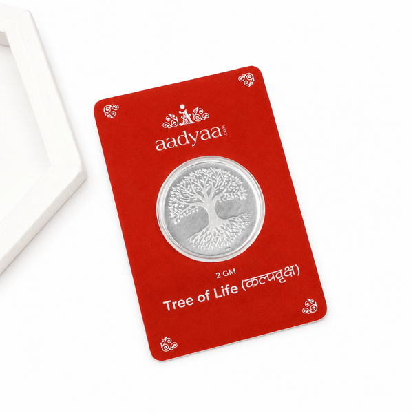 Angled view of Tree of Life (Kalpavruksha) Silver Coin (2 gm) in 92.5 sterling silver with premium finish